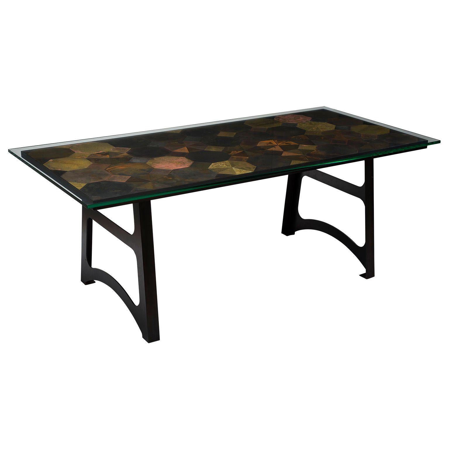Handcrafted Mosaic Dining Table with Brass and Steel Tiles For Sale