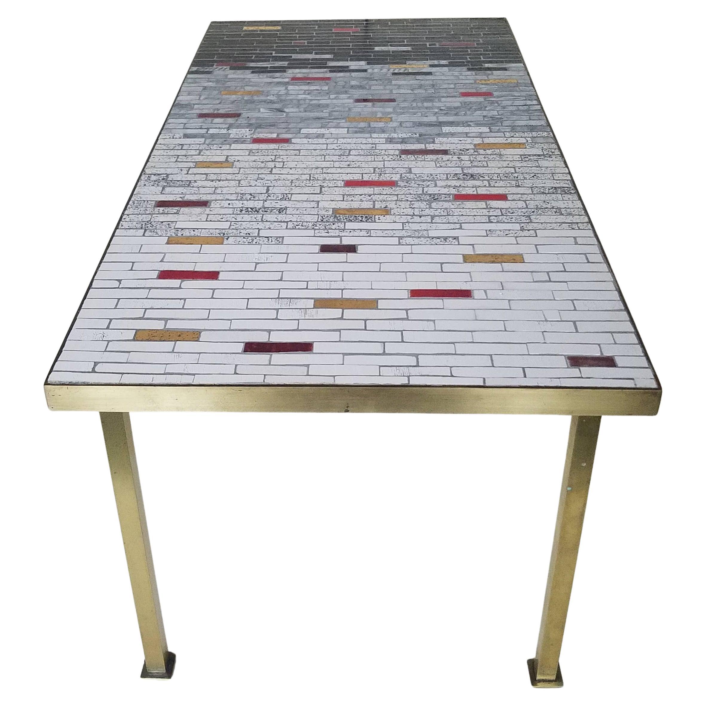 Hand Crafted Mosaic Tile Brass Framed Coffee Table York City Studio, c. 1950