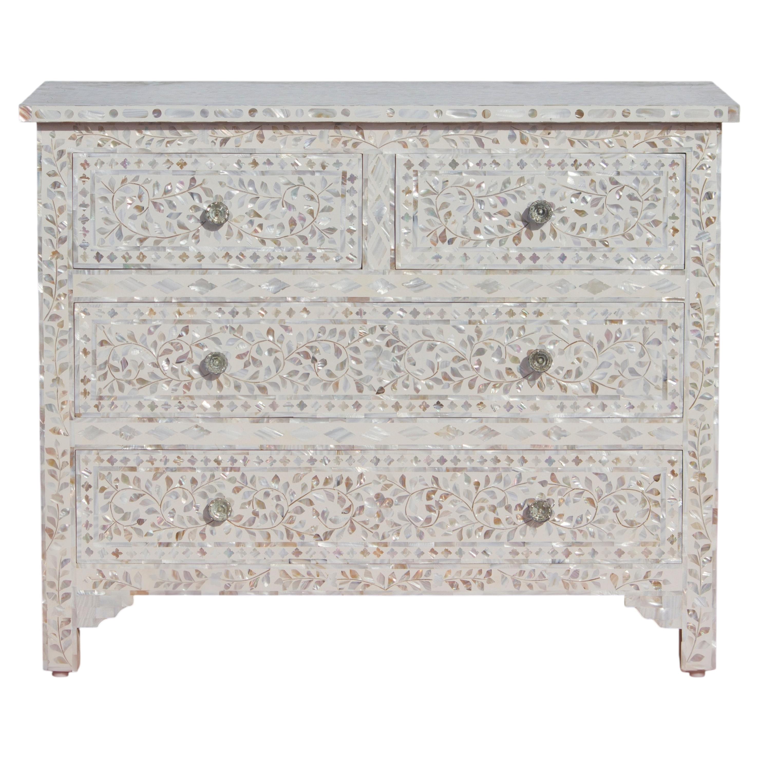 Handcrafted Mother of Pearl Inlay Four-Drawer Dresser by House of Jaipur