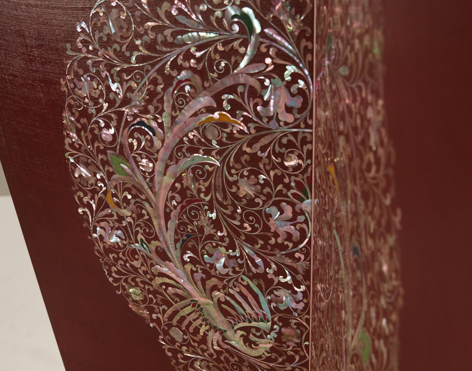 Lacquered Handcrafted Mother of Pearl Phoenix Oriental Folding Screen by Arijian