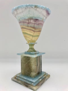 Handcrafted Multi Colored Fluorite and Blue Onyx Urn on Base, Made in Argentina