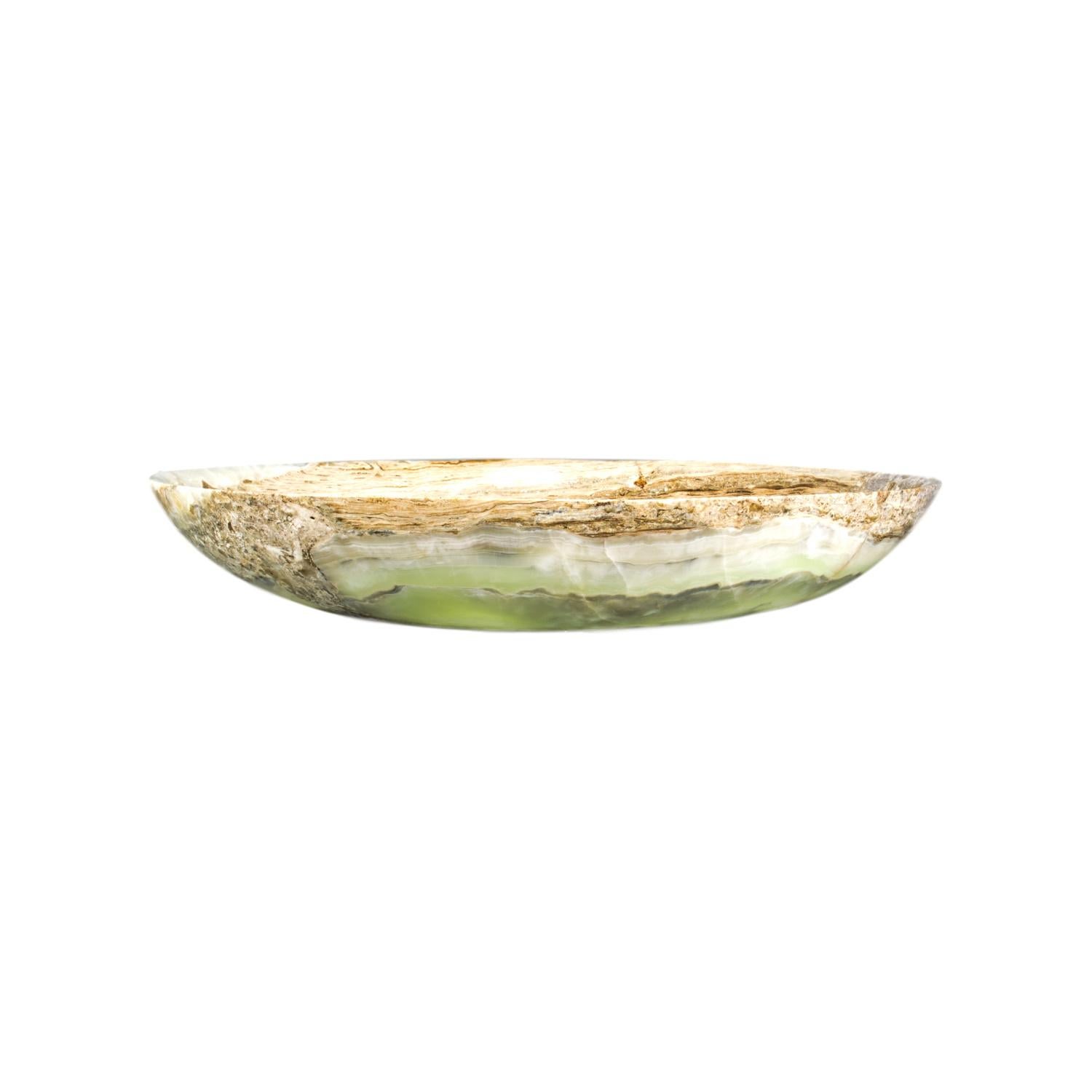 Handcrafted multi green round onyx bowl, beautifully carved from a single piece of high quality genuine onyx gemstone - each unique onyx stone bowl blends natural onyx shades of green, white, honey, brown and burgundy tones. Richly polished for a