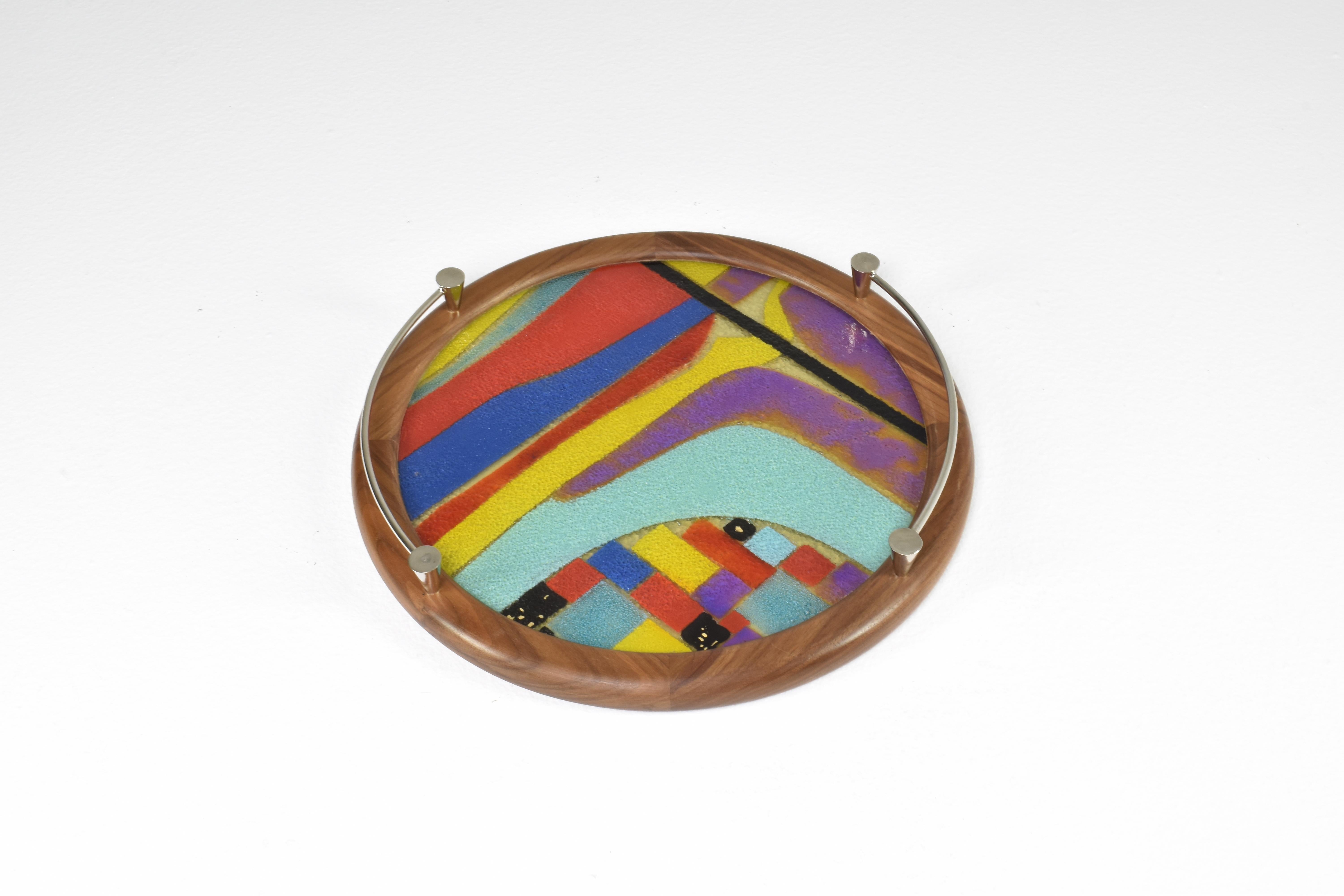 A contemporary handcrafted tray composed of a handmade Portuguese artglass surface, a walnut frame and polished elegant brass handles. 
Designed by Jonathan Amar at his atelier in Rabat 

This piece is meticulously handcrafted, imbuing it with a