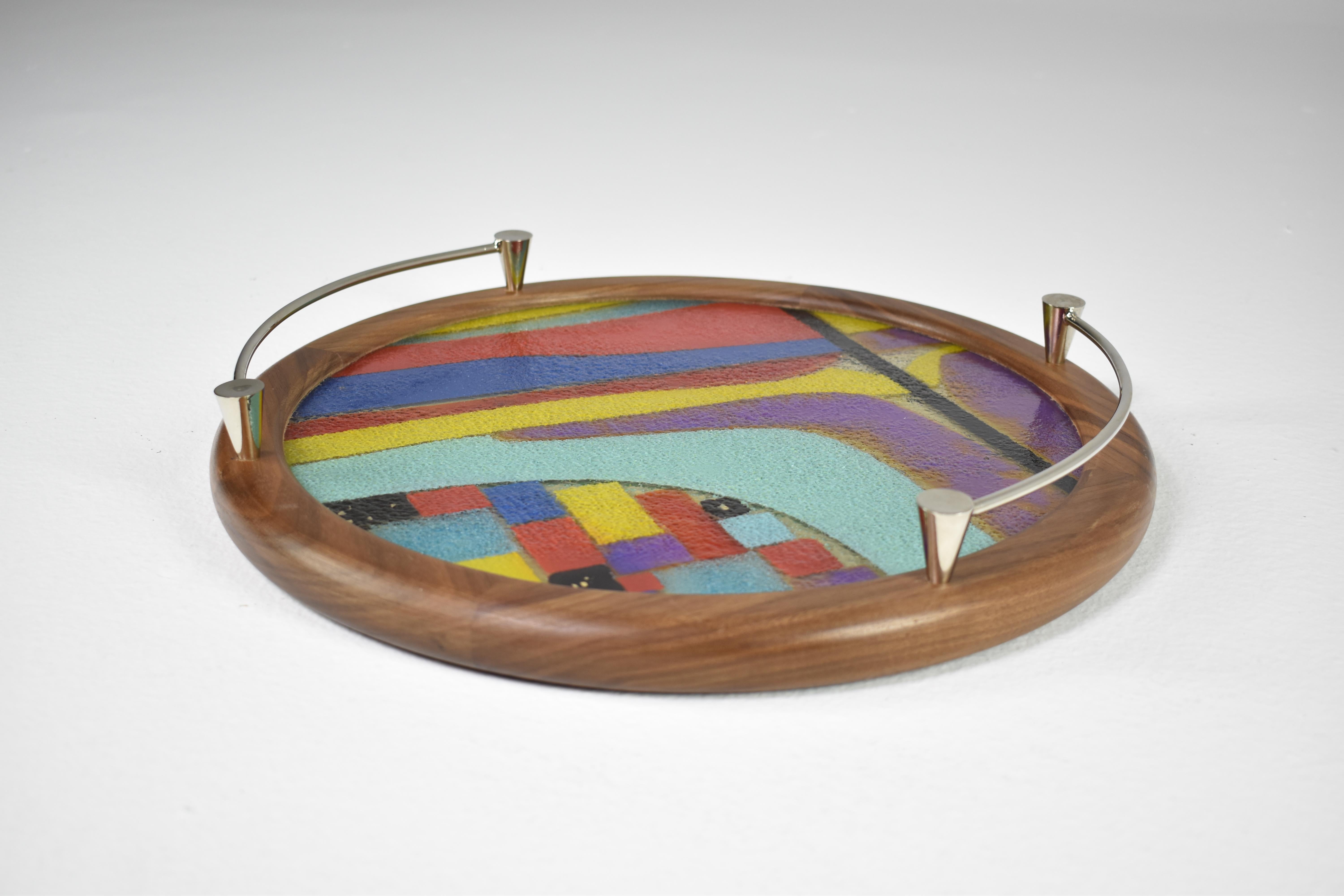 Modern Handcrafted Multicolor Brass Artglass Tray by JAS For Sale