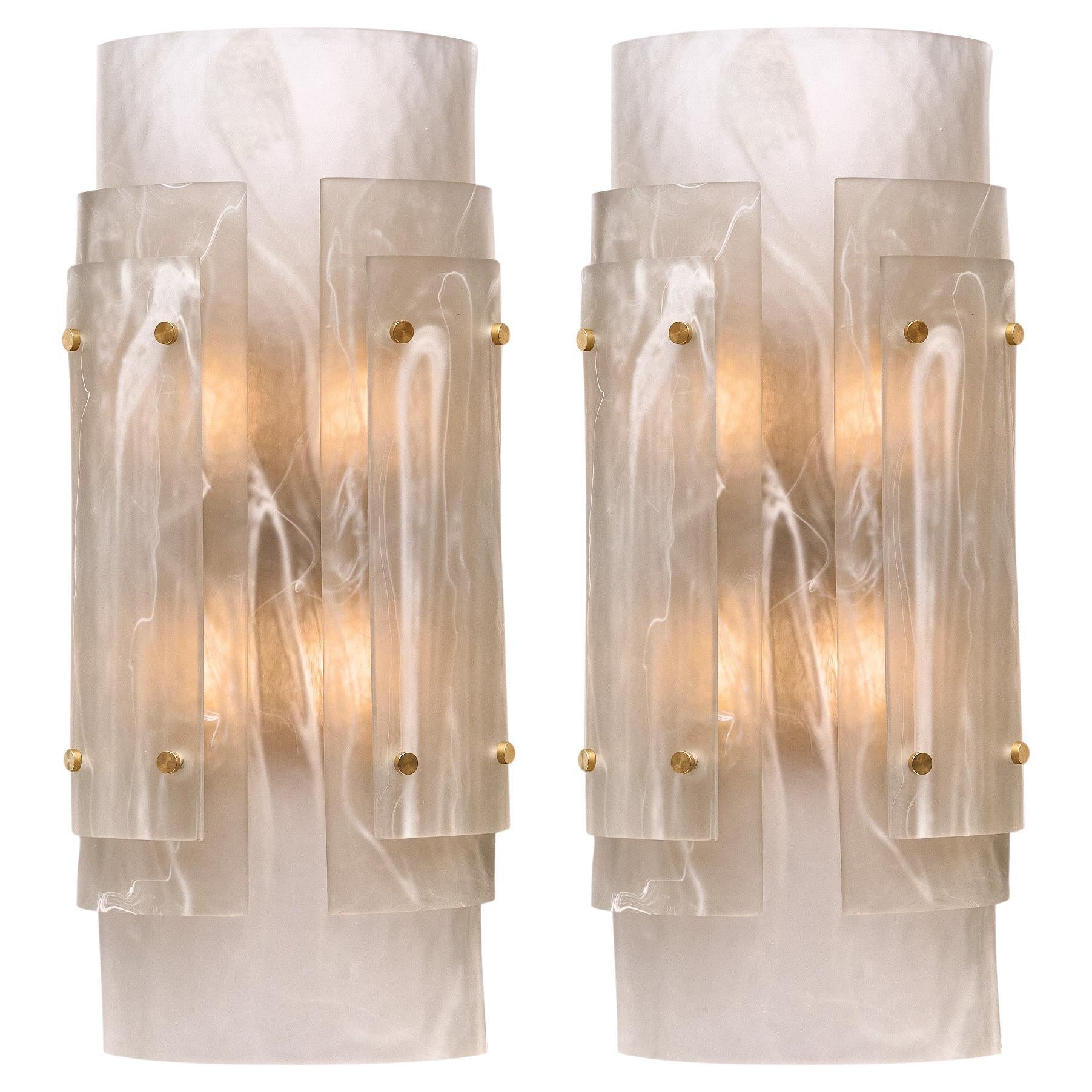 Handcrafted Murano Glass Alabaster Sconces with Brass Structure