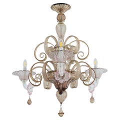Handcrafted  Murano Glass Chandelier, Amber Swirls & Soft Pink Details, 20th