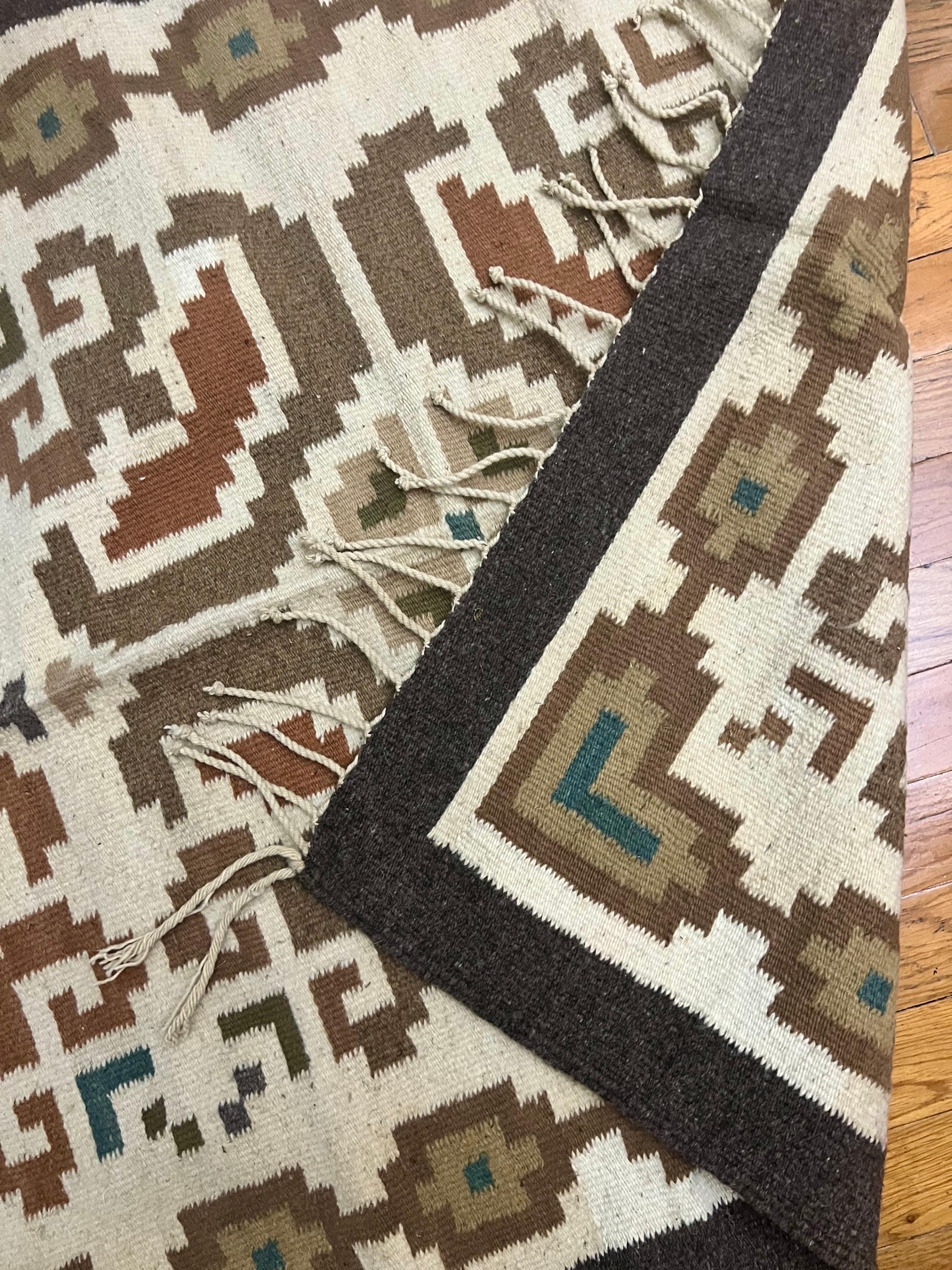 Handcrafted Native American Navajo Rug in Brown, Cream and Turquoise For Sale 3