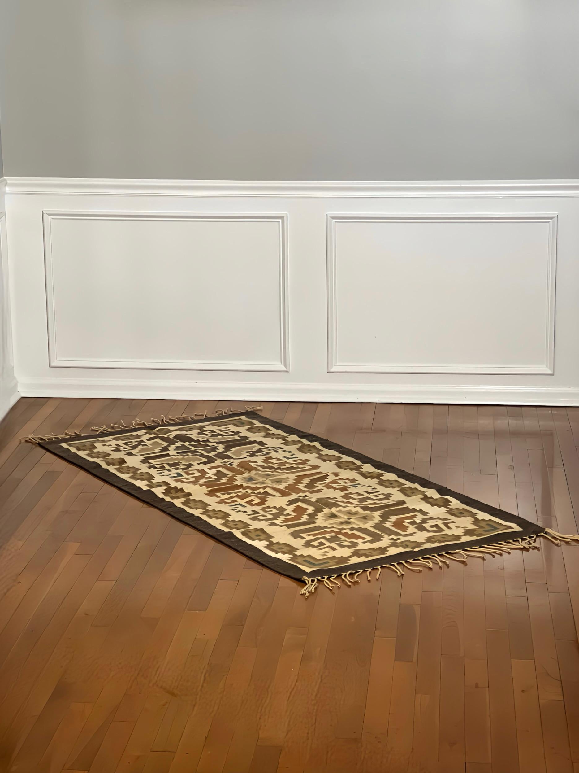 Handcrafted Native American Navajo Rug in Brown, Cream and Turquoise For Sale 4