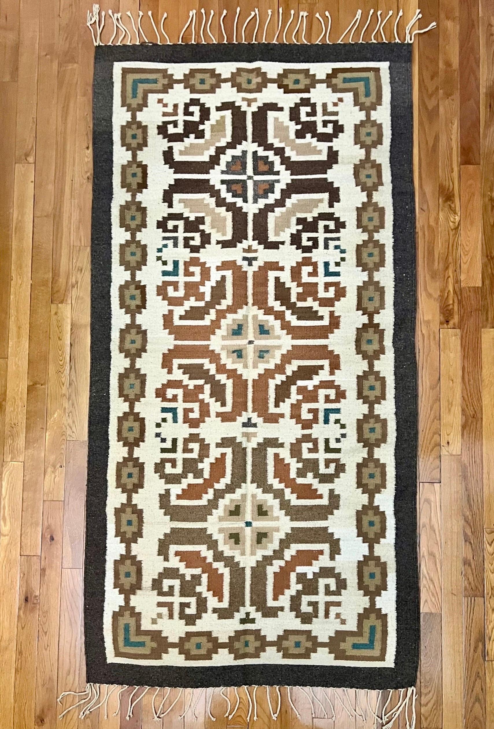 North American Handcrafted Native American Navajo Rug in Brown, Cream and Turquoise For Sale