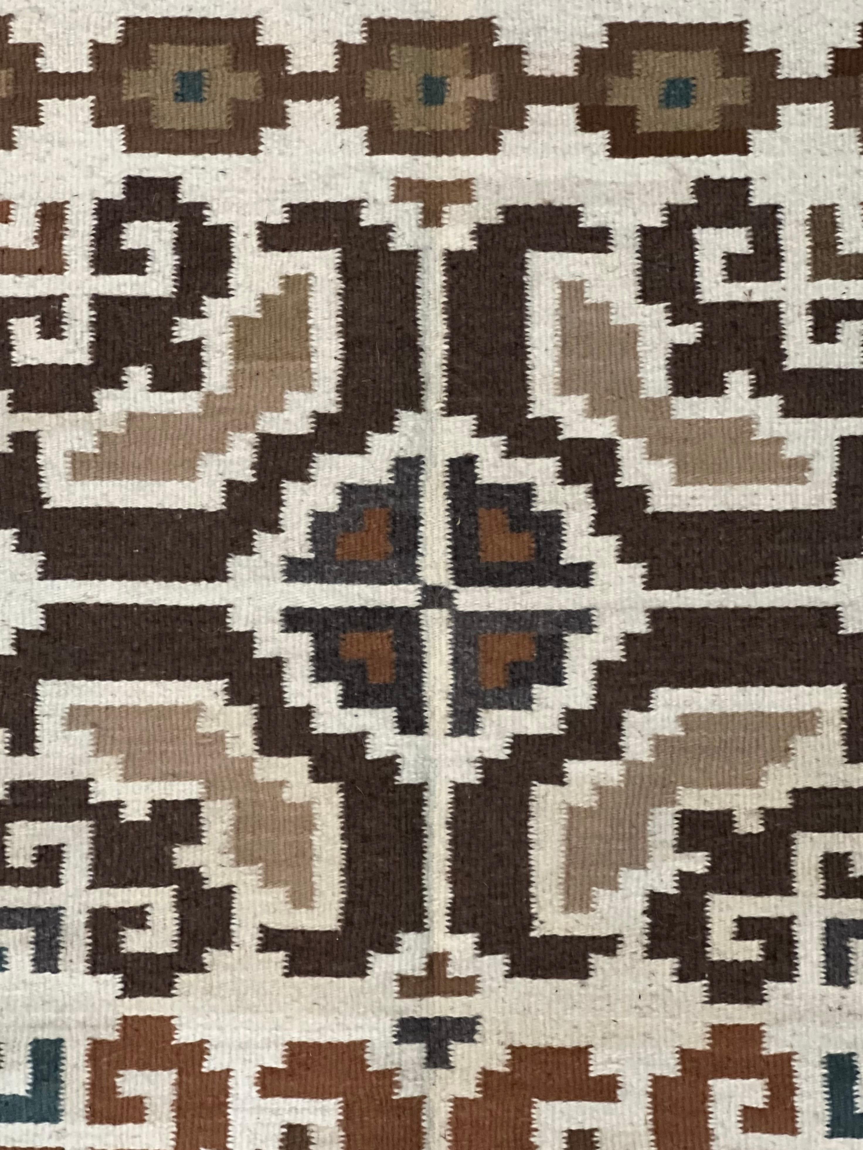 Hand-Crafted Handcrafted Native American Navajo Rug in Brown, Cream and Turquoise For Sale