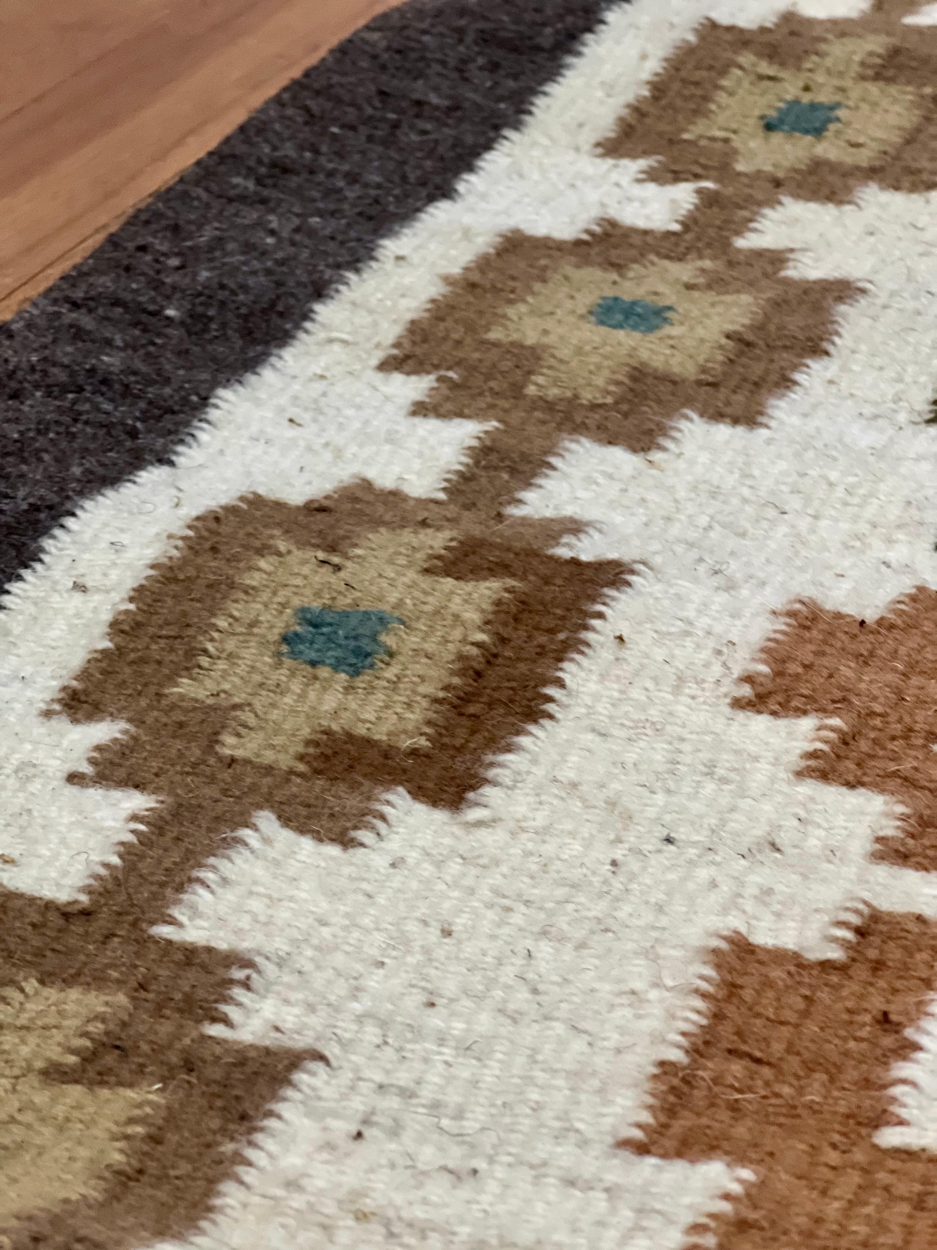 Handcrafted Native American Navajo Rug in Brown, Cream and Turquoise In Good Condition For Sale In Doylestown, PA