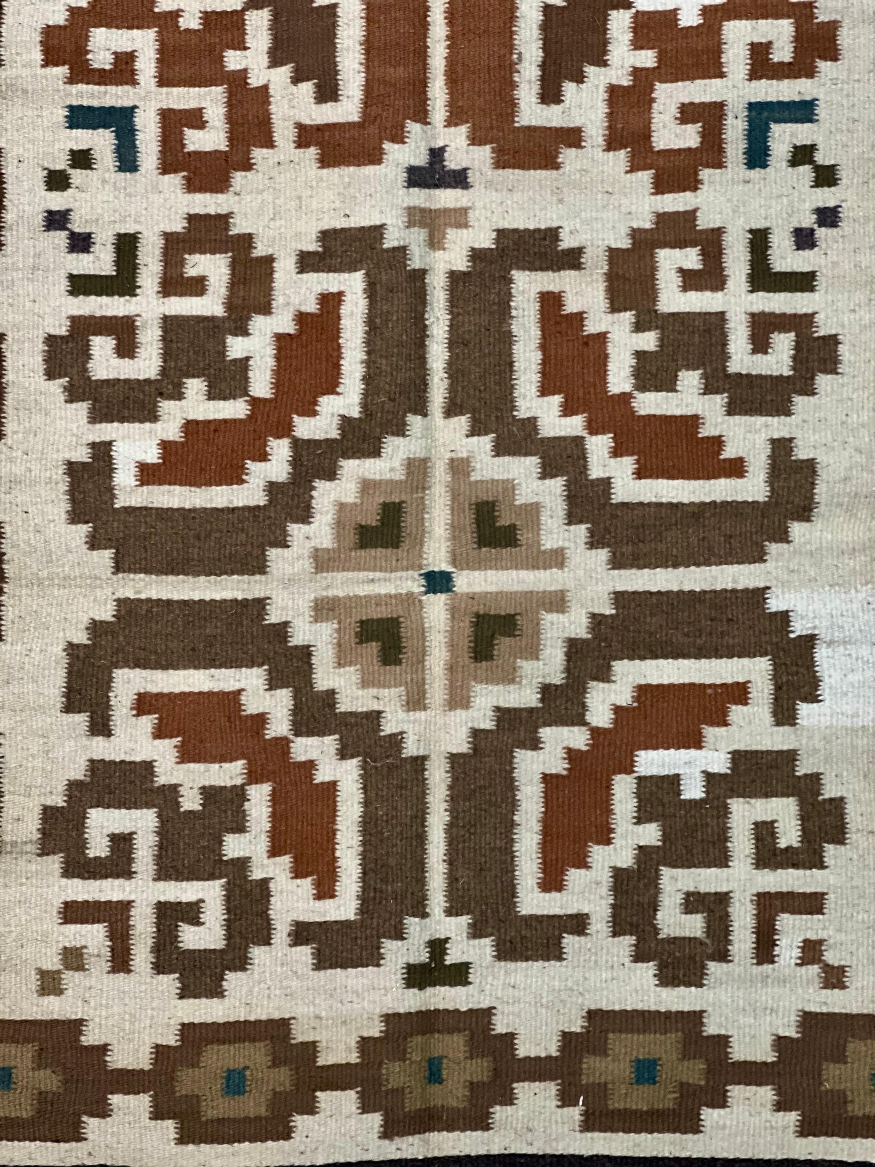 Wool Handcrafted Native American Navajo Rug in Brown, Cream and Turquoise For Sale
