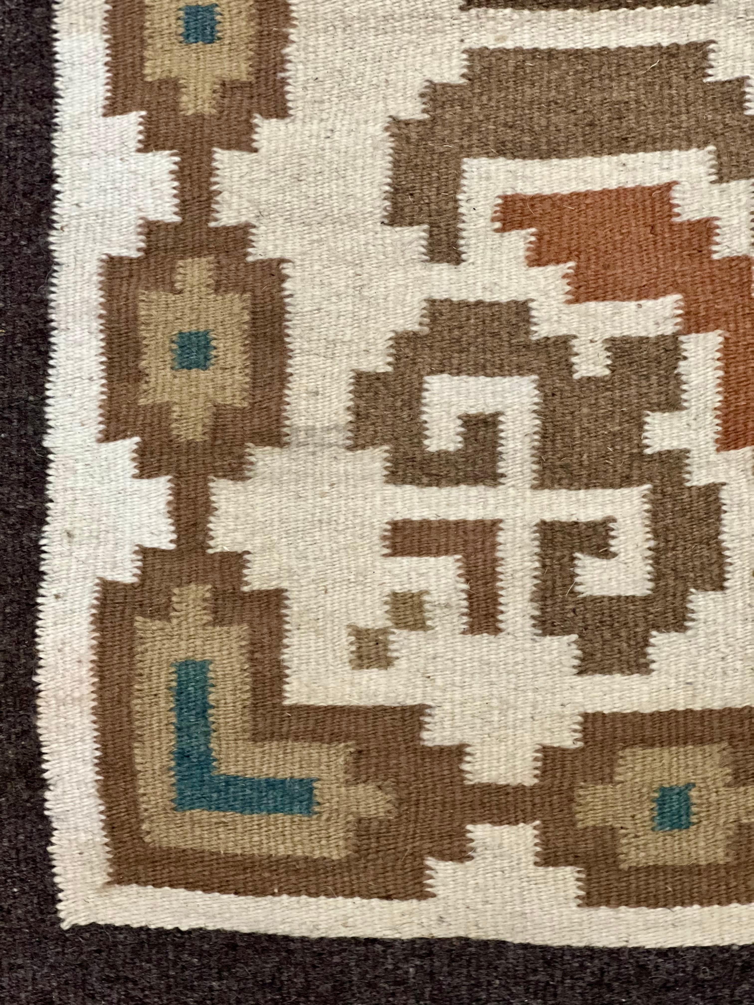 Handcrafted Native American Navajo Rug in Brown, Cream and Turquoise For Sale 1