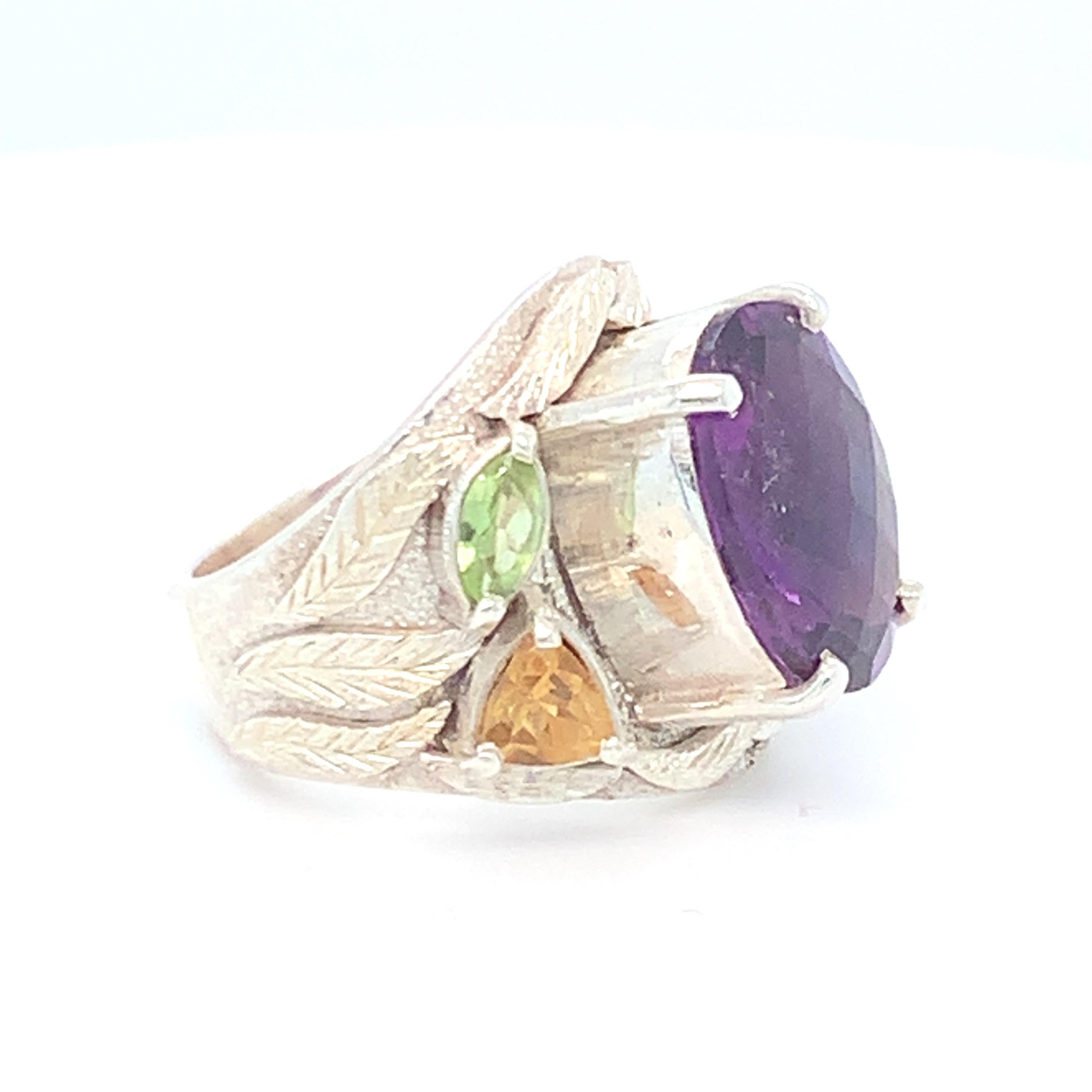 Artisan Handcrafted Natural Amethyst One of a Kind Sterling Silver Cocktail Ring For Sale
