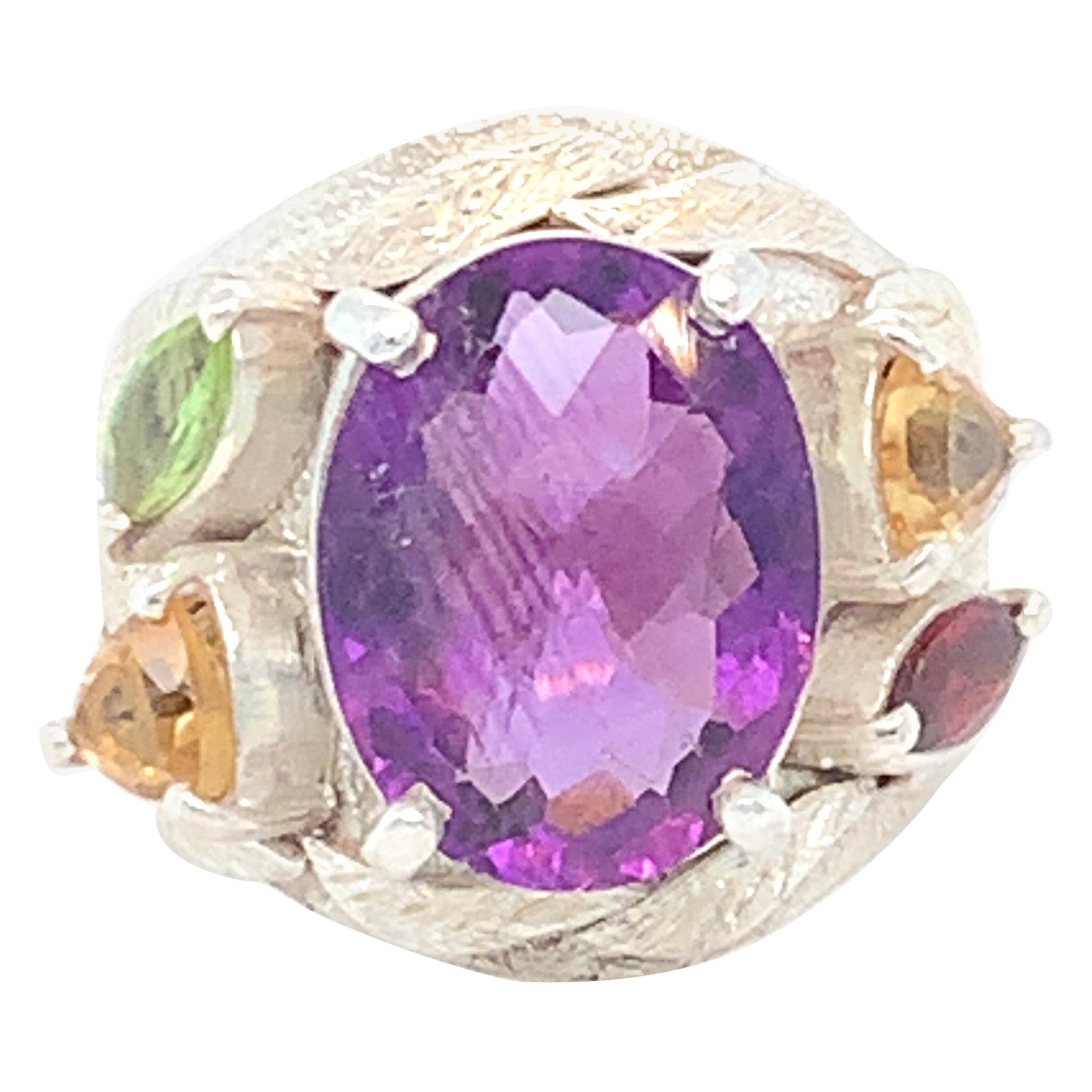 Handcrafted Natural Amethyst One of a Kind Sterling Silver Cocktail Ring For Sale