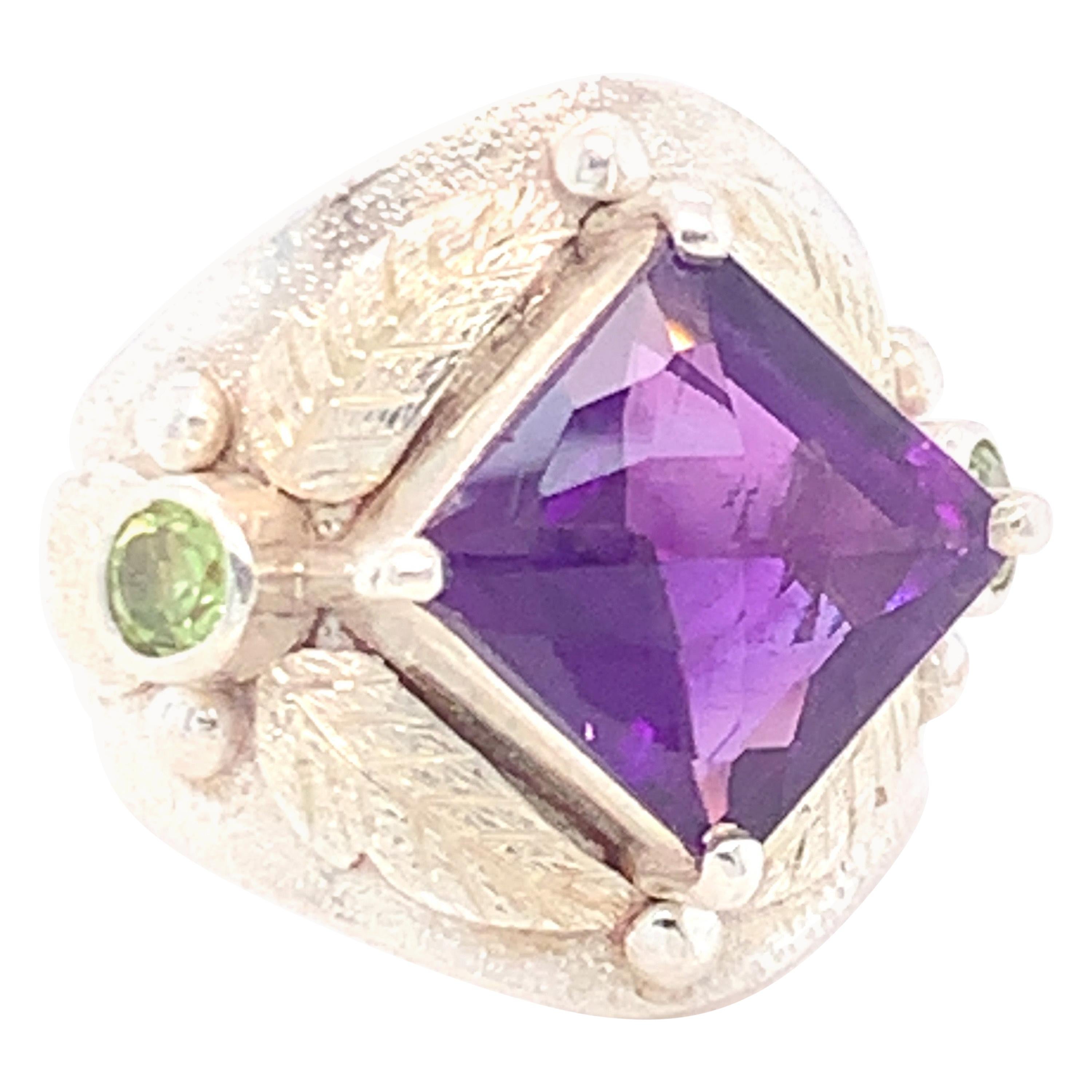 Handcrafted Natural Amethyst One of a Kind Sterling Silver Cocktail Ring For Sale