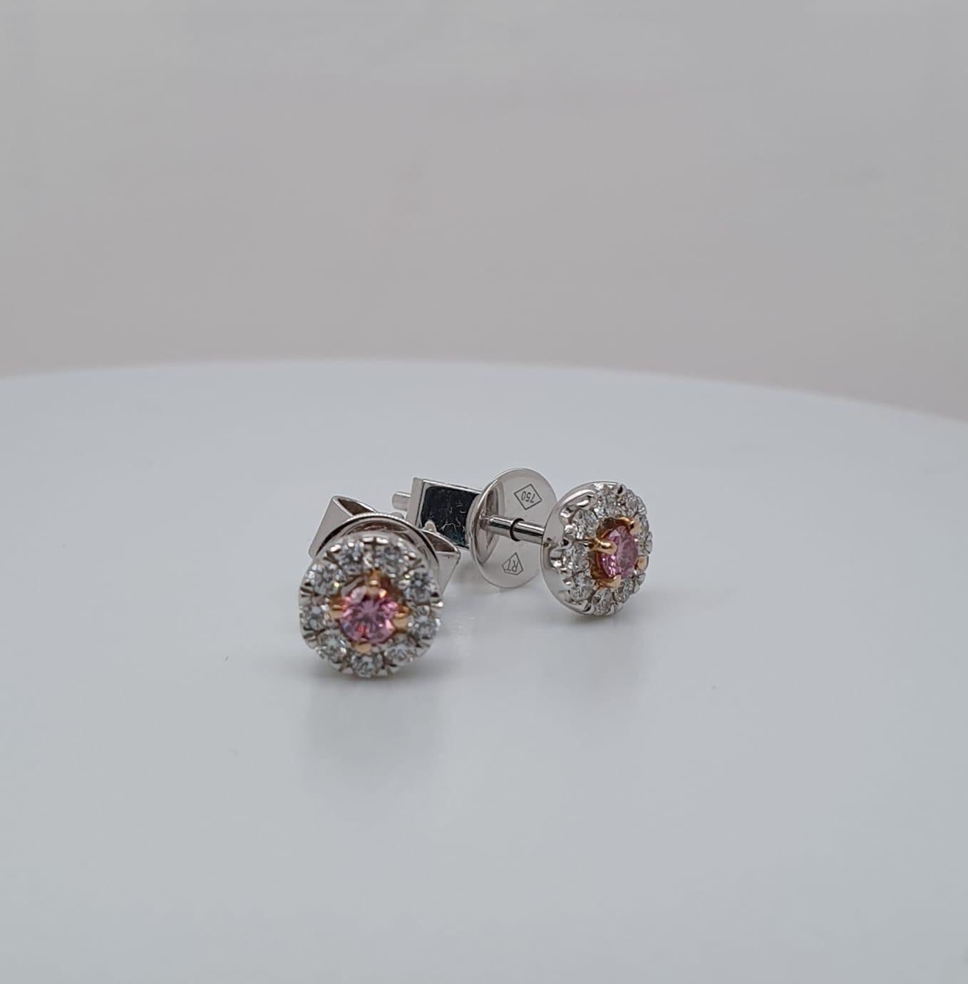 Round Cut Handcrafted Natural Argyle Pink and White Diamond Stud Earrings For Sale