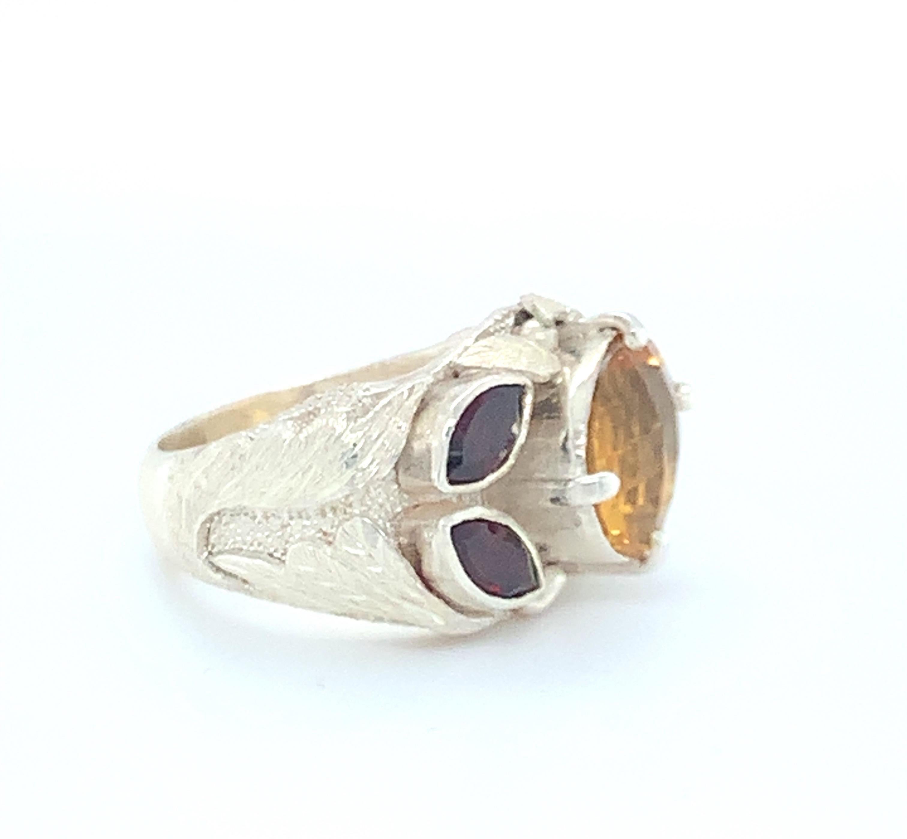 Handcrafted Natural Citrine & Garnet One of a Kind Sterling Silver Cocktail Ring For Sale 4