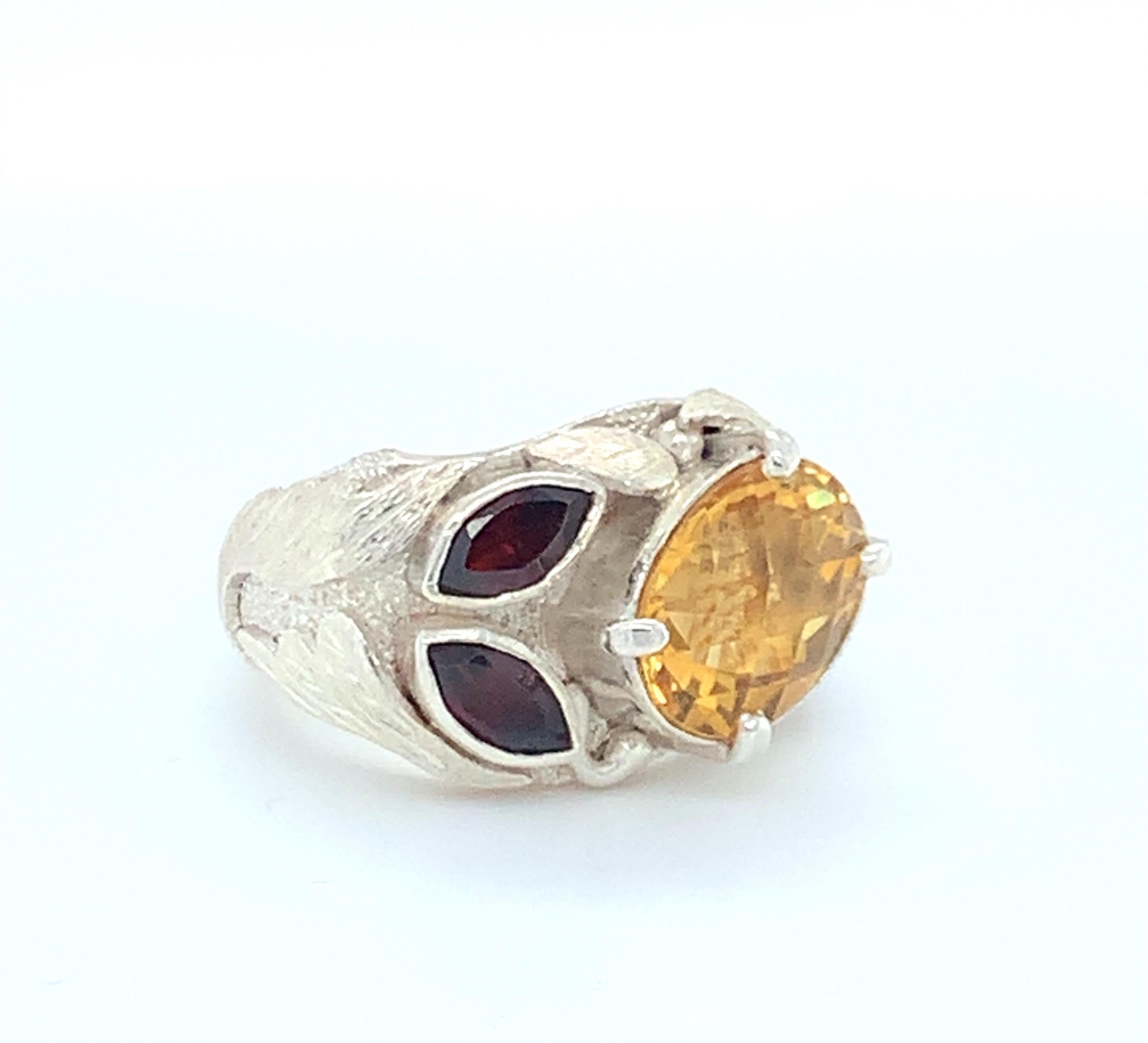 Handcrafted Natural Citrine & Garnet One of a Kind Sterling Silver Cocktail Ring For Sale 5