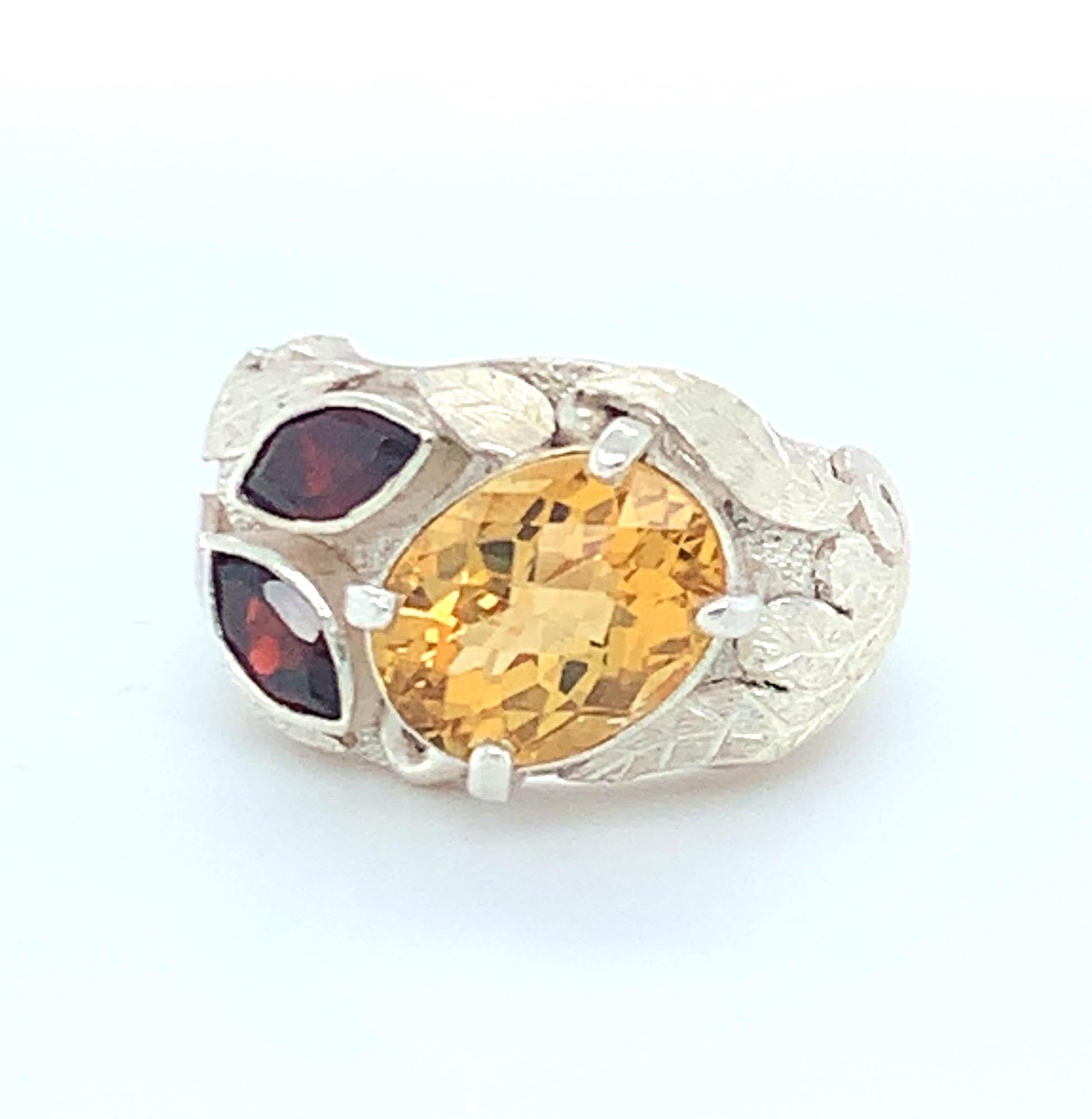 Handcrafted Natural Citrine & Garnet One of a Kind Sterling Silver Cocktail Ring For Sale 6
