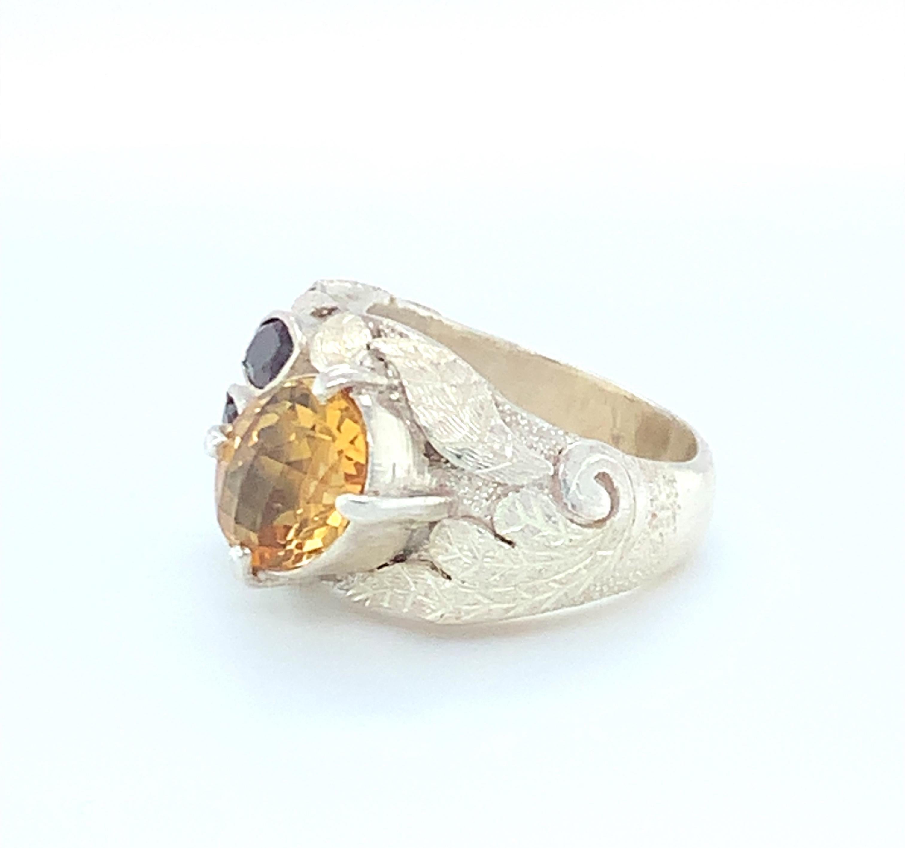 Artisan Handcrafted Natural Citrine & Garnet One of a Kind Sterling Silver Cocktail Ring For Sale