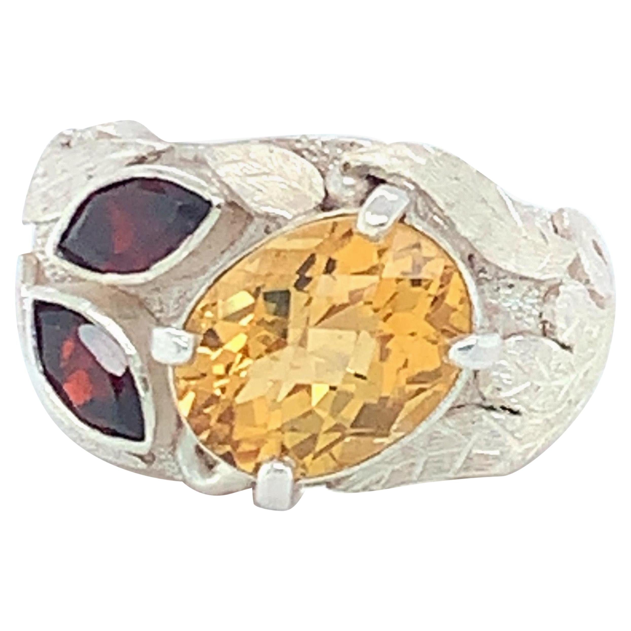 Handcrafted Natural Citrine & Garnet One of a Kind Sterling Silver Cocktail Ring For Sale