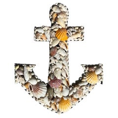 Used Handcrafted Natural Coastal Sea Shell Encrusted Anchor Wall Hanging