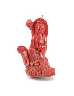 Handcrafted Natural Coral Guanyin Buddha 14K Gold Pendant