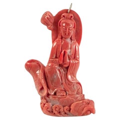 Pendentif en Corail Naturel Guanyin Bouddha en Or 14K fait à la main