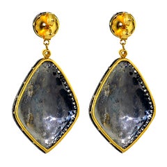 Handcrafted Natural Diamond Geometric Midnight Shield Drop Earrings In 14K Gold