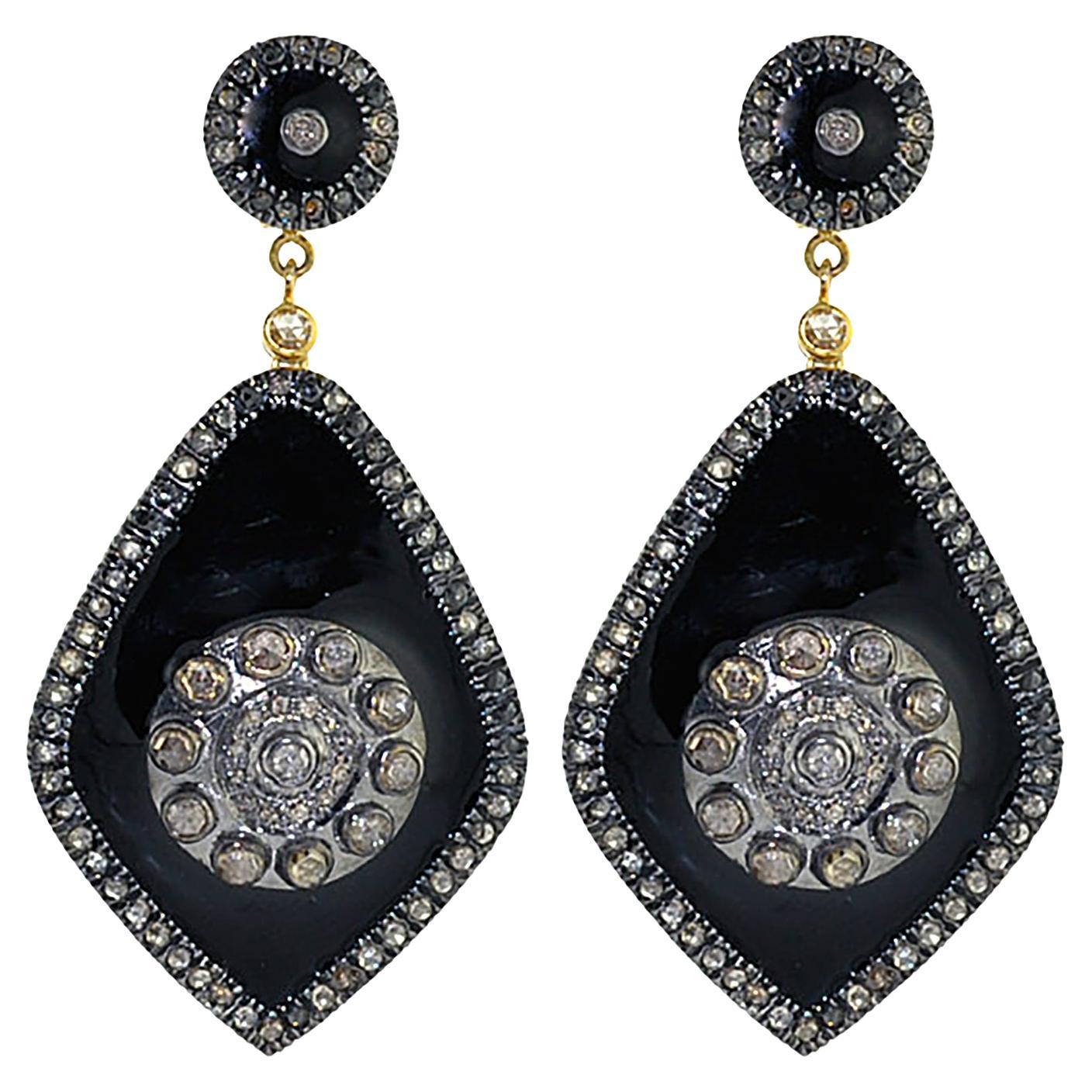 Handcrafted Natural Diamond Geometric Midnight Shield Drop Earrings In 14K Gold For Sale
