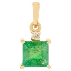 Handcrafted Natural Emerald Solitaire Pendant with Diamonds in 14K Yellow Gold