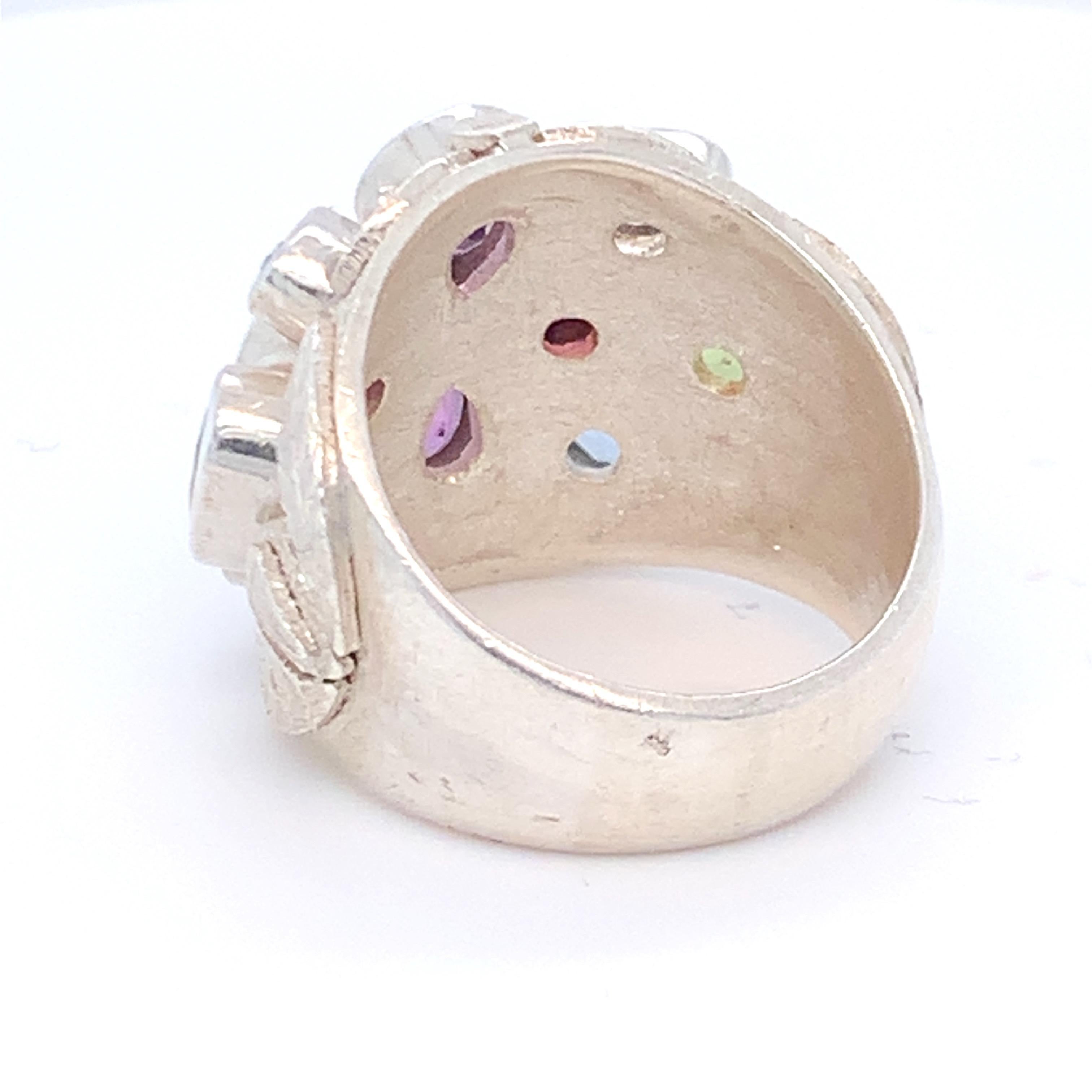 Handcrafted Natural Multi-Gem One of a Kind Sterling Silver Cocktail Ring For Sale 4