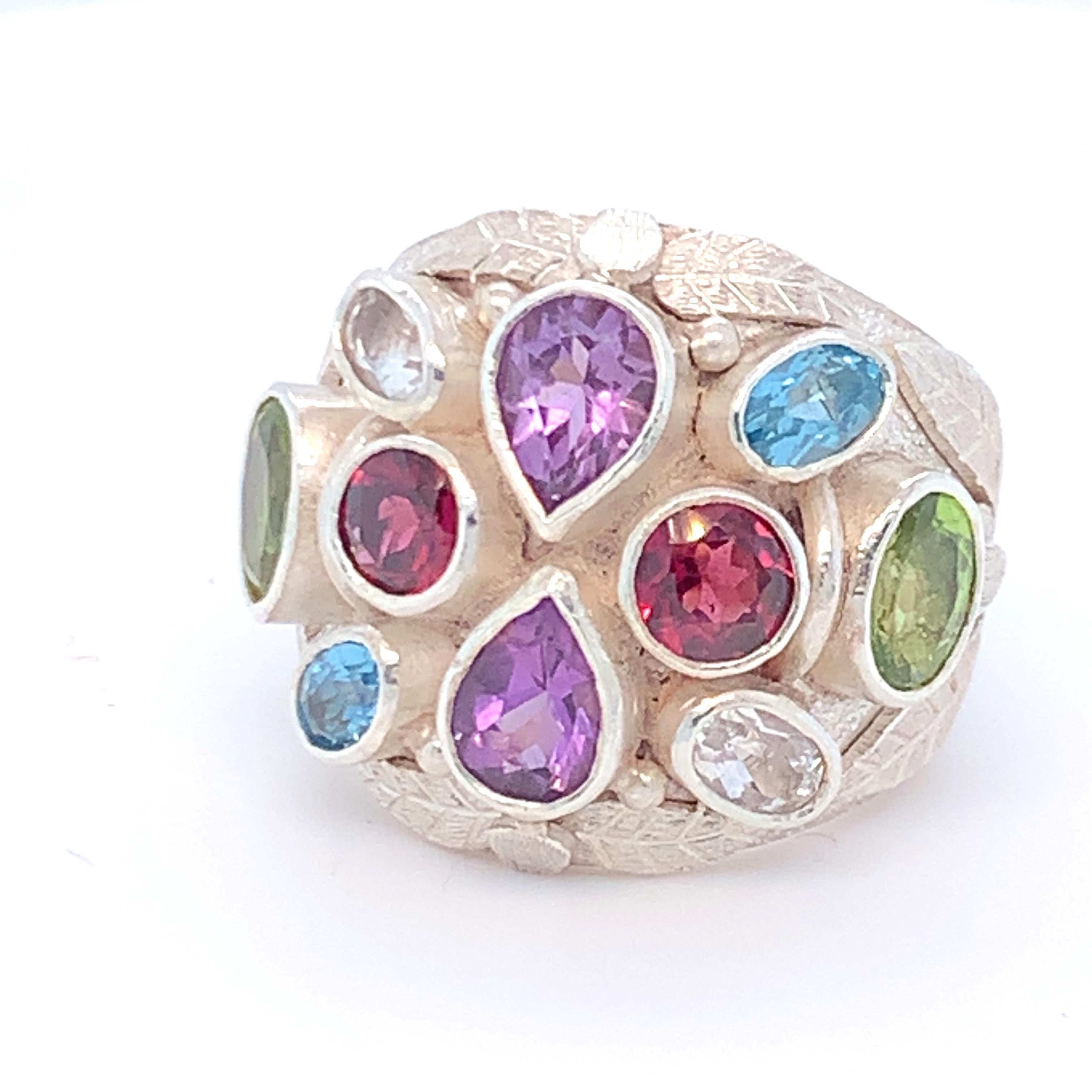 Handcrafted Natural Multi-Gem One of a Kind Sterling Silver Cocktail Ring For Sale 5