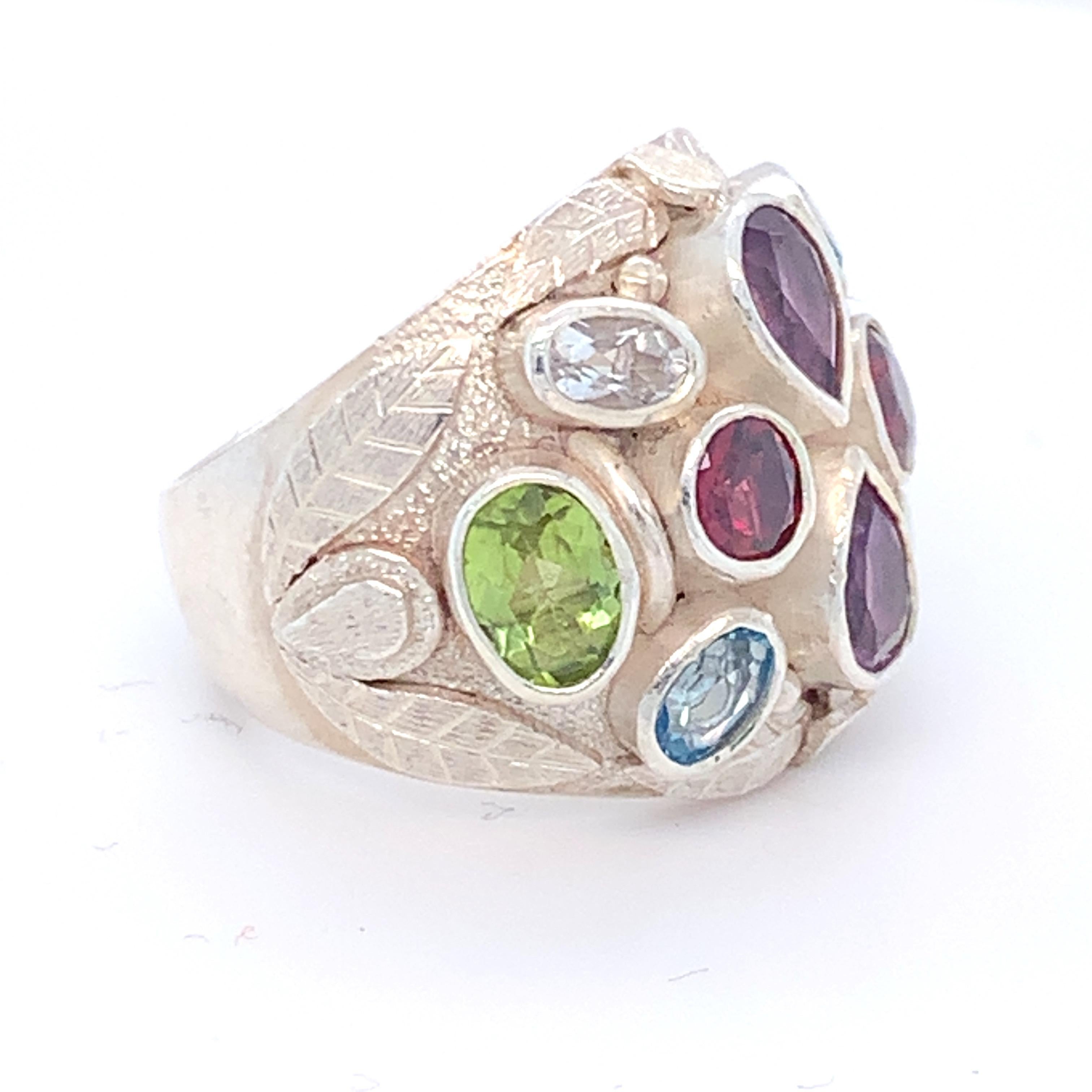 Handcrafted Natural Multi-Gem One of a Kind Sterling Silver Cocktail Ring For Sale 7