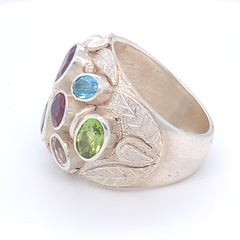 Handcrafted Natural Multi-Gem One of a Kind Sterling Silver Cocktail Ring