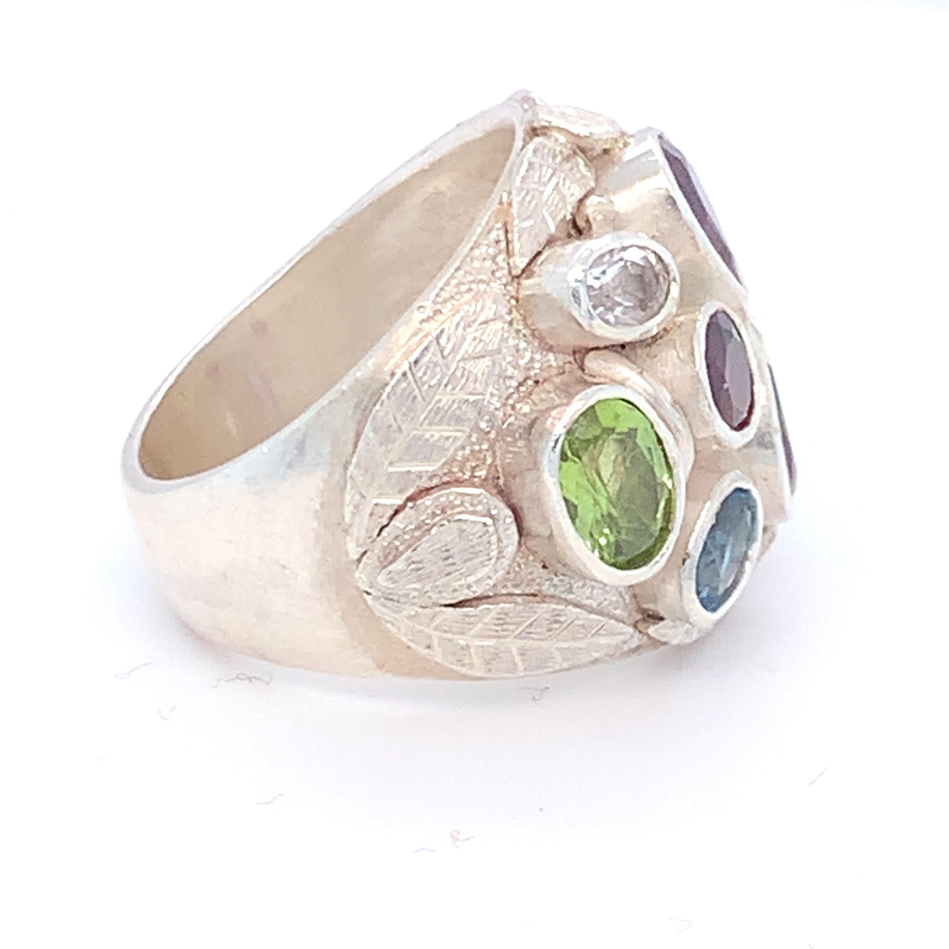 Artisan Handcrafted Natural Multi-Gem One of a Kind Sterling Silver Cocktail Ring For Sale