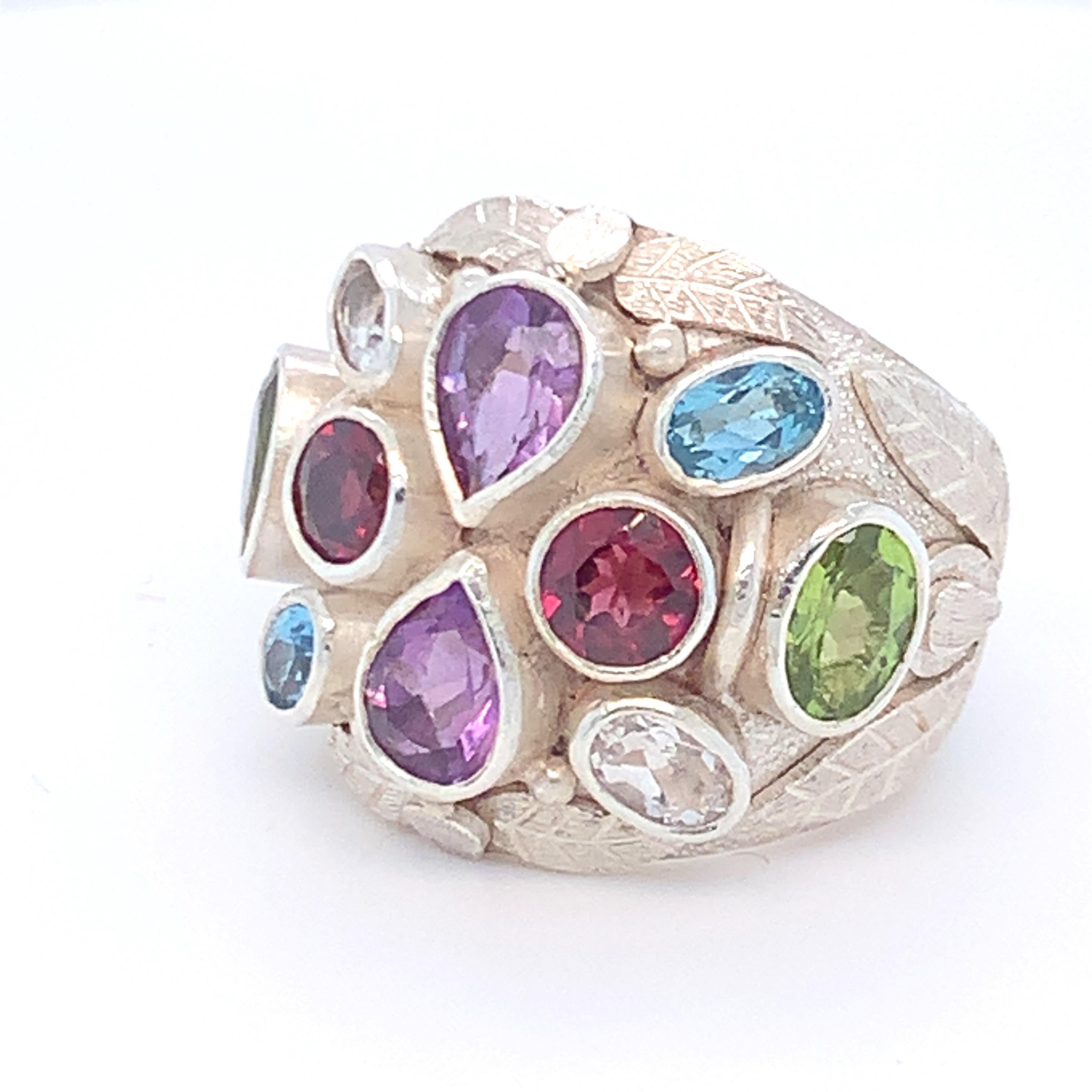 Oval Cut Handcrafted Natural Multi-Gem One of a Kind Sterling Silver Cocktail Ring For Sale
