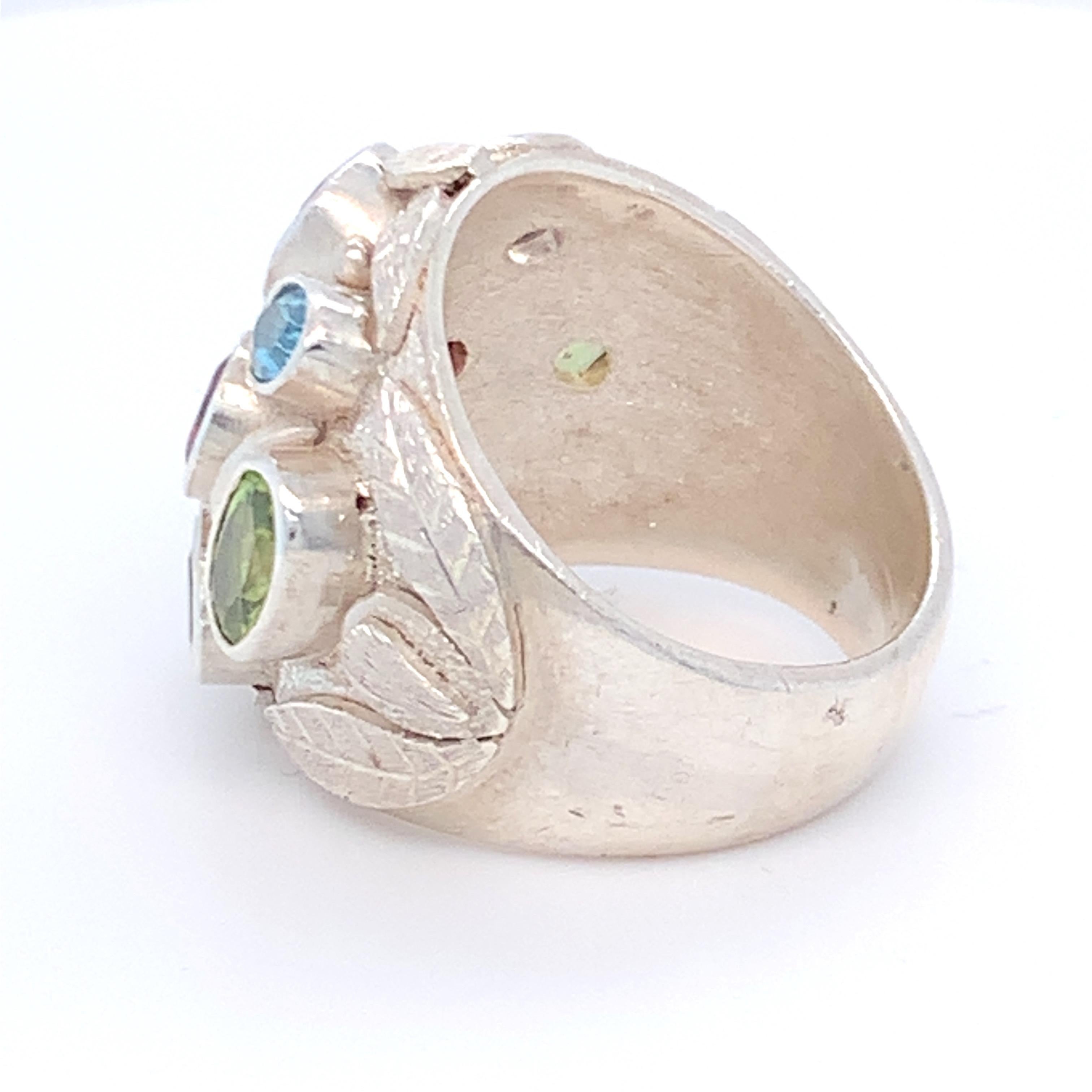 Women's Handcrafted Natural Multi-Gem One of a Kind Sterling Silver Cocktail Ring For Sale