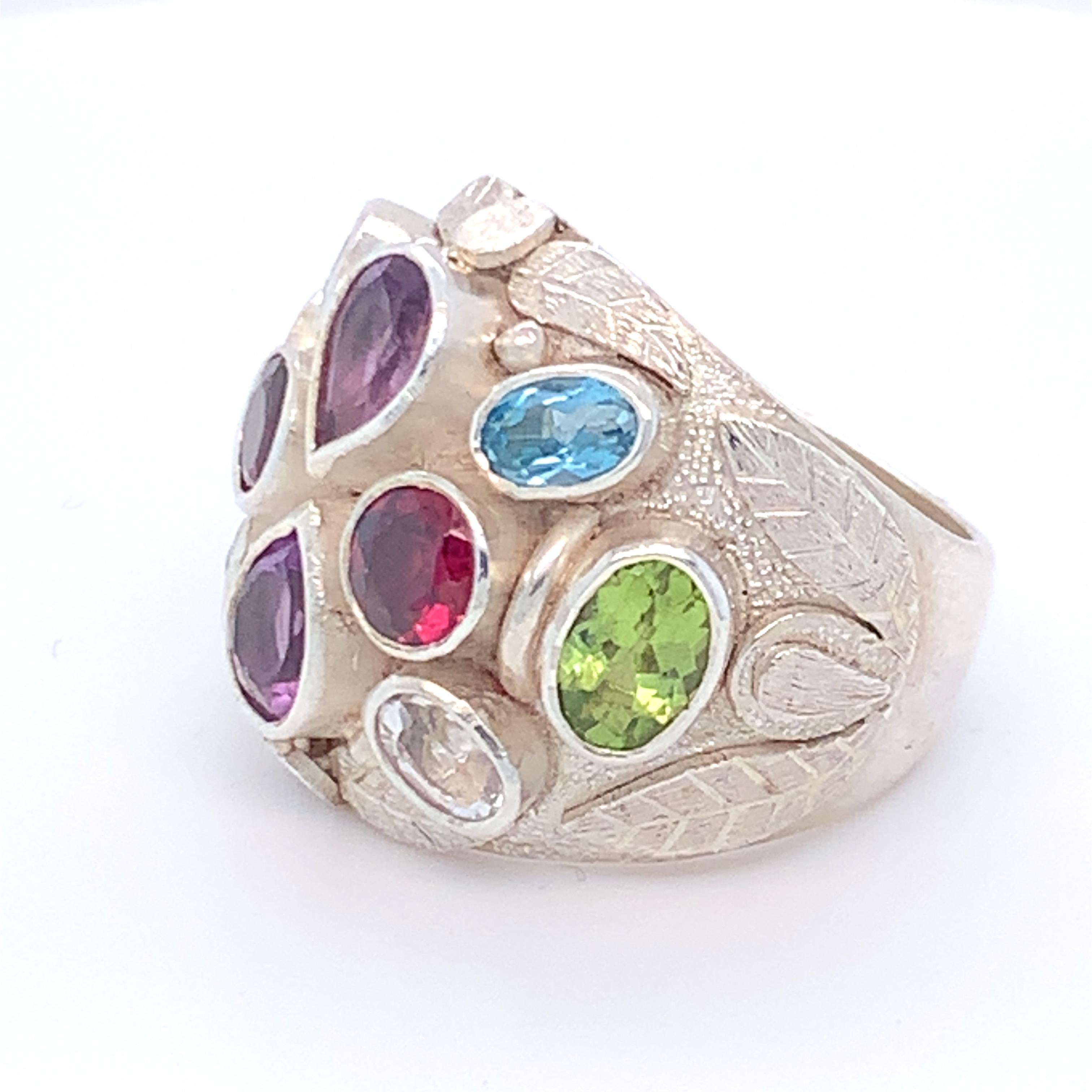 Handcrafted Natural Multi-Gem One of a Kind Sterling Silver Cocktail Ring For Sale 1