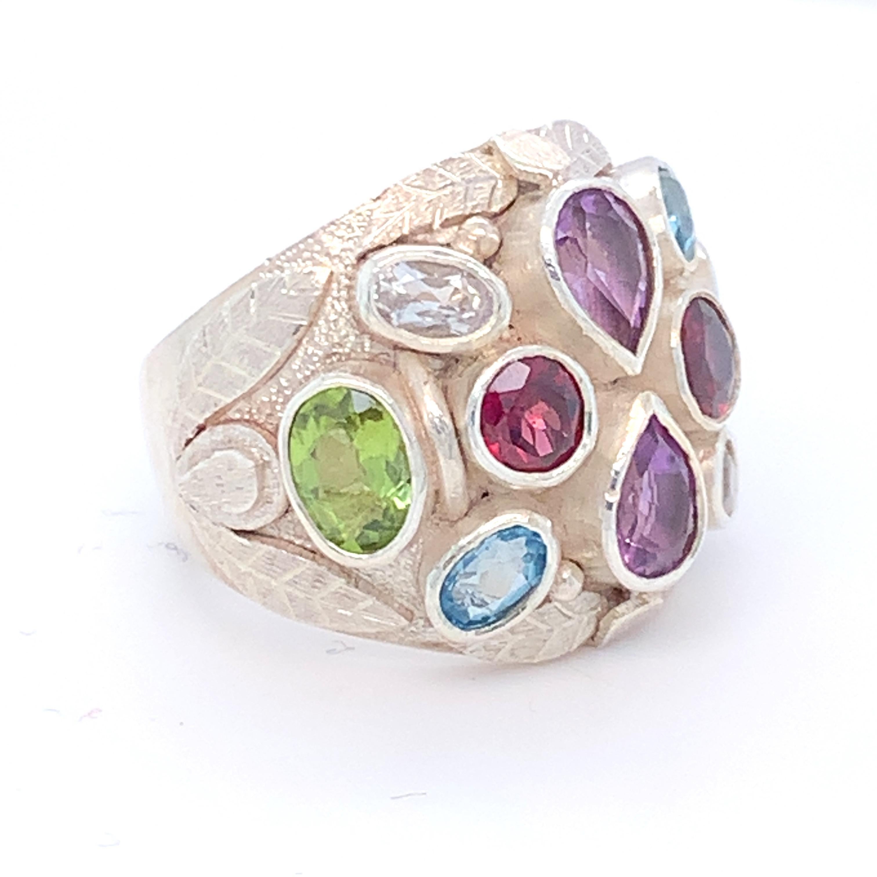 Handcrafted Natural Multi-Gem One of a Kind Sterling Silver Cocktail Ring For Sale 2
