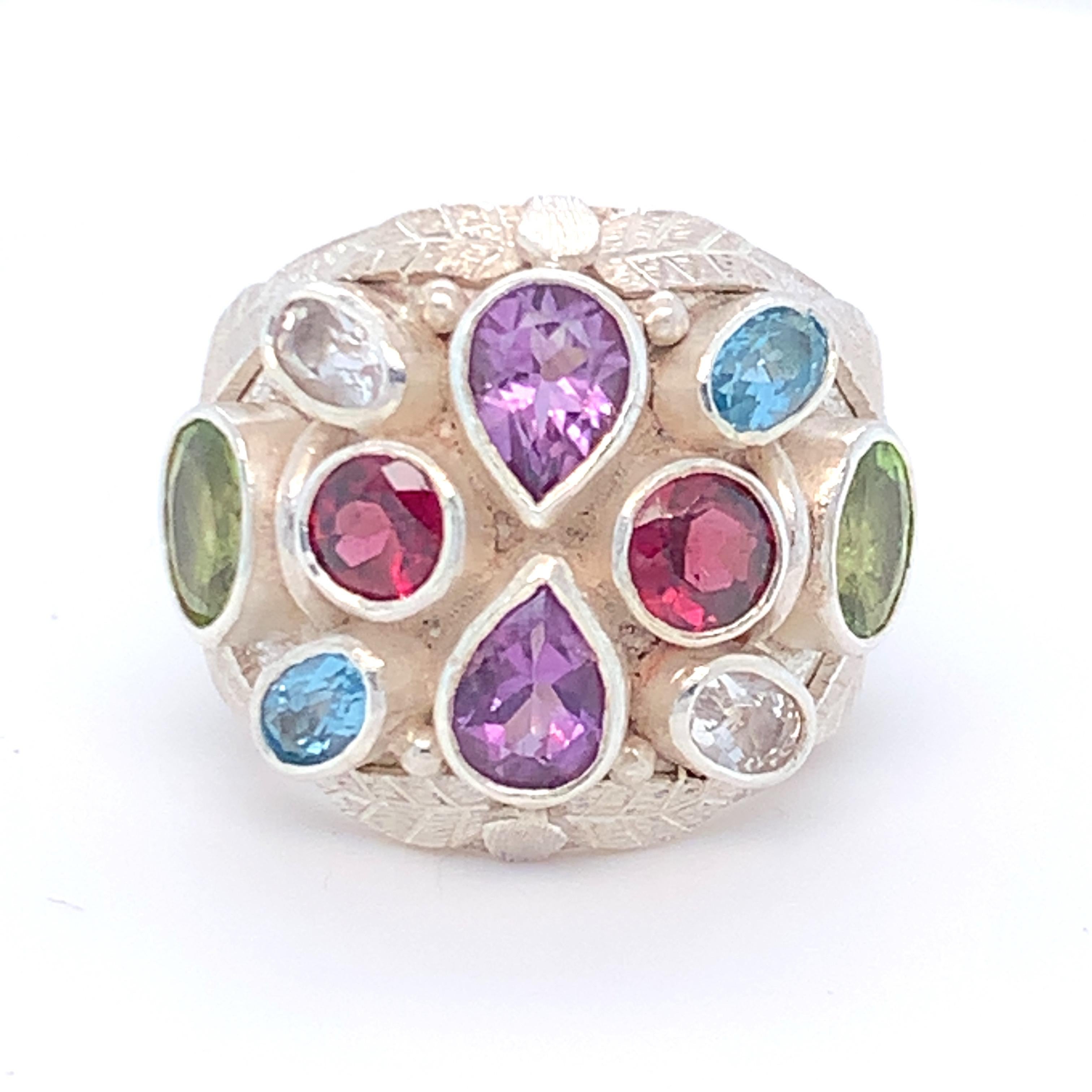 Handcrafted Natural Multi-Gem One of a Kind Sterling Silver Cocktail Ring For Sale 3