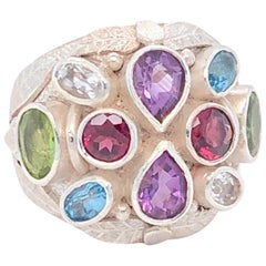 Handcrafted Natural Multi-Gem One of a Kind Sterling Silver Cocktail Ring
