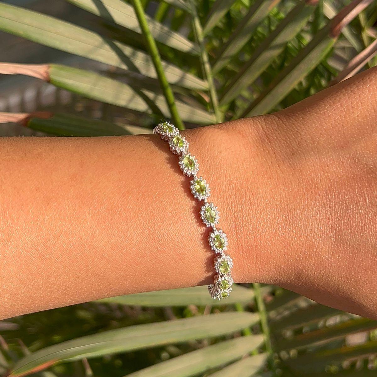 Oval Cut Handcrafted Natural Peridot with CZ 925 Sterling Silver Tennis Bracelet for Her For Sale