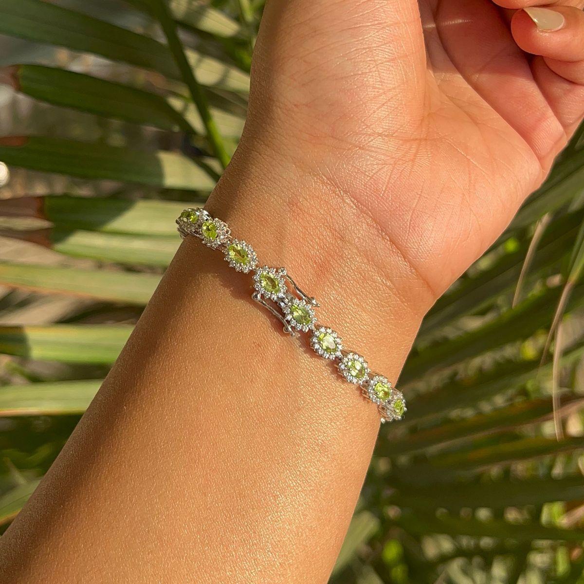 Women's Handcrafted Natural Peridot with CZ 925 Sterling Silver Tennis Bracelet for Her For Sale