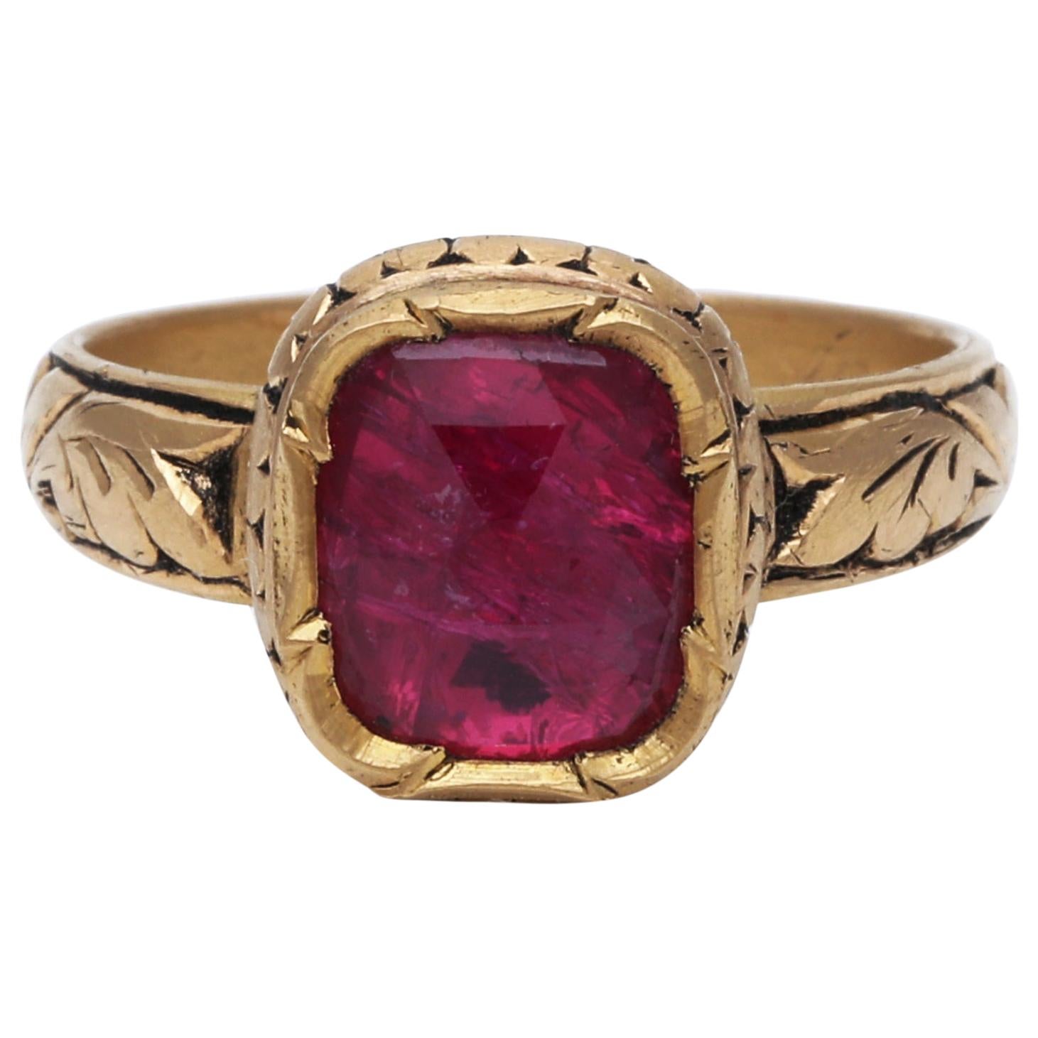 Handcrafted Natural Ruby Ring with Intricate Gold Detailing