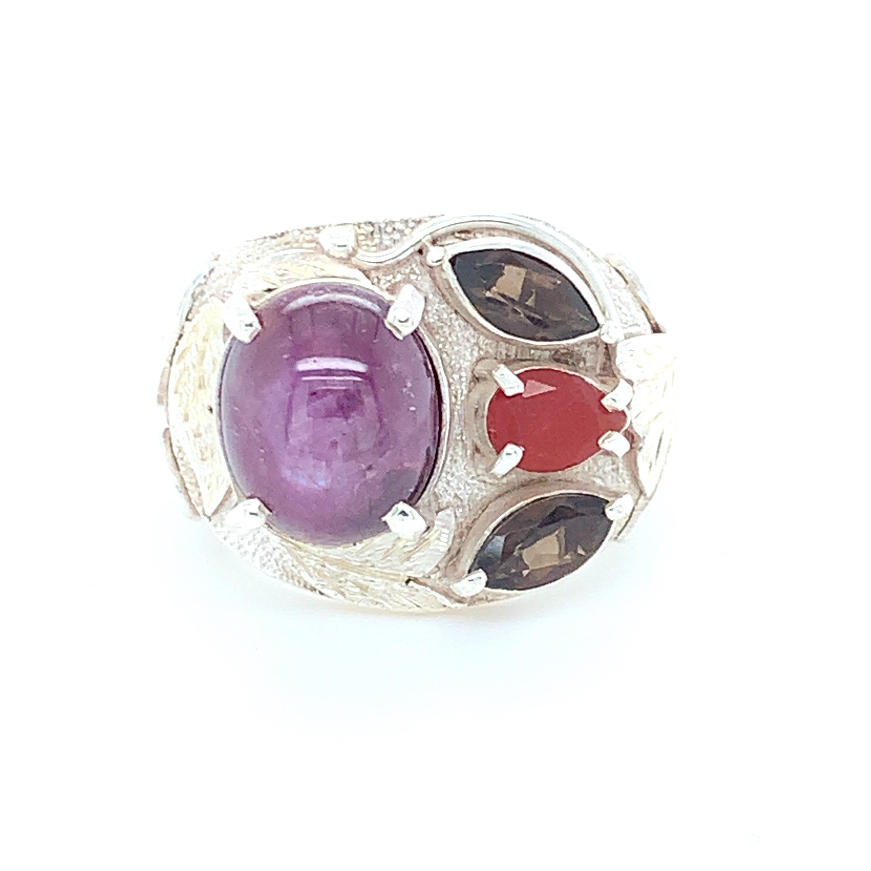 Handcrafted Natural Star Ruby One of a Kind Sterling Silver Cocktail Ring For Sale 3