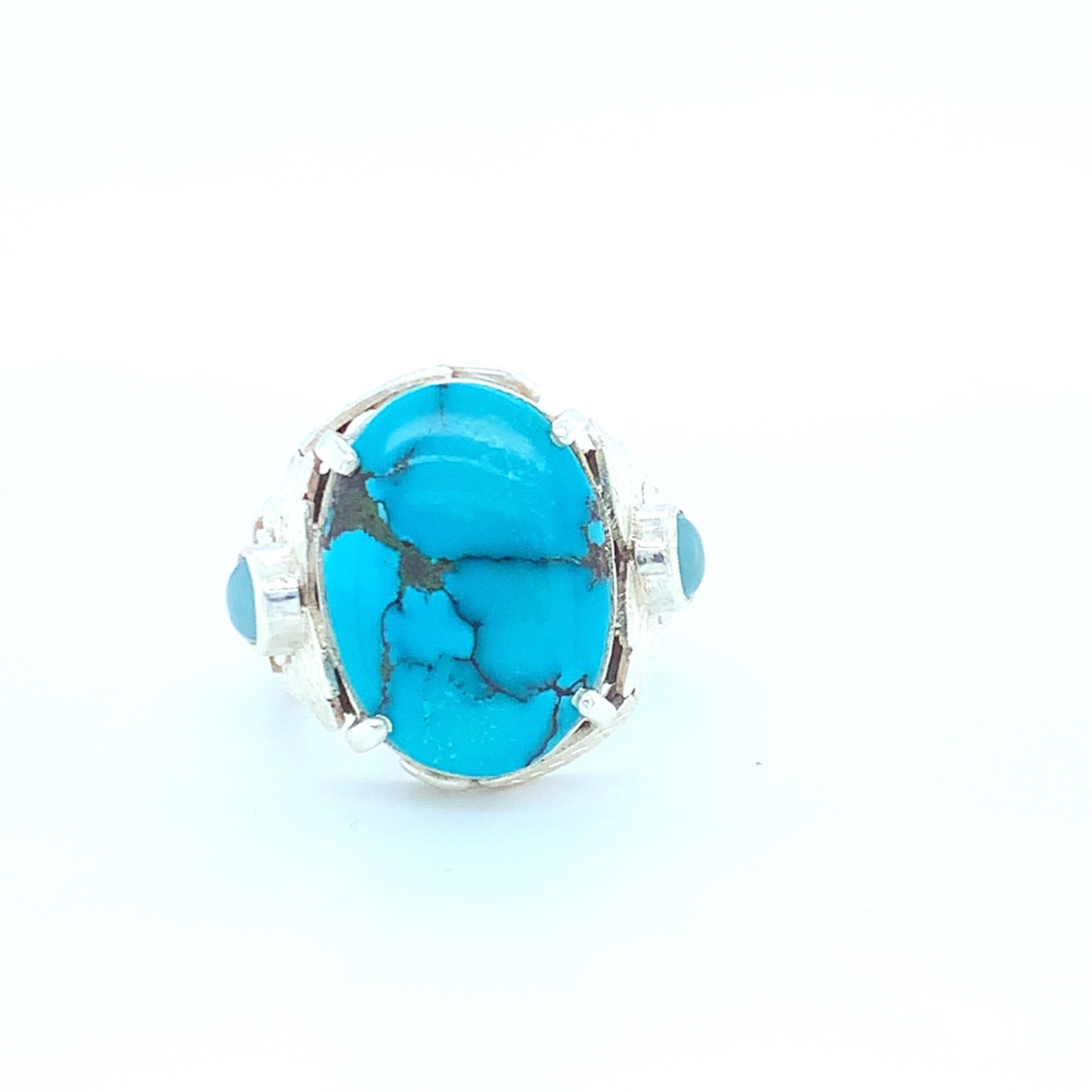 Handcrafted Natural Turquoise One of a Kind Sterling Cocktail Ring For Sale 4