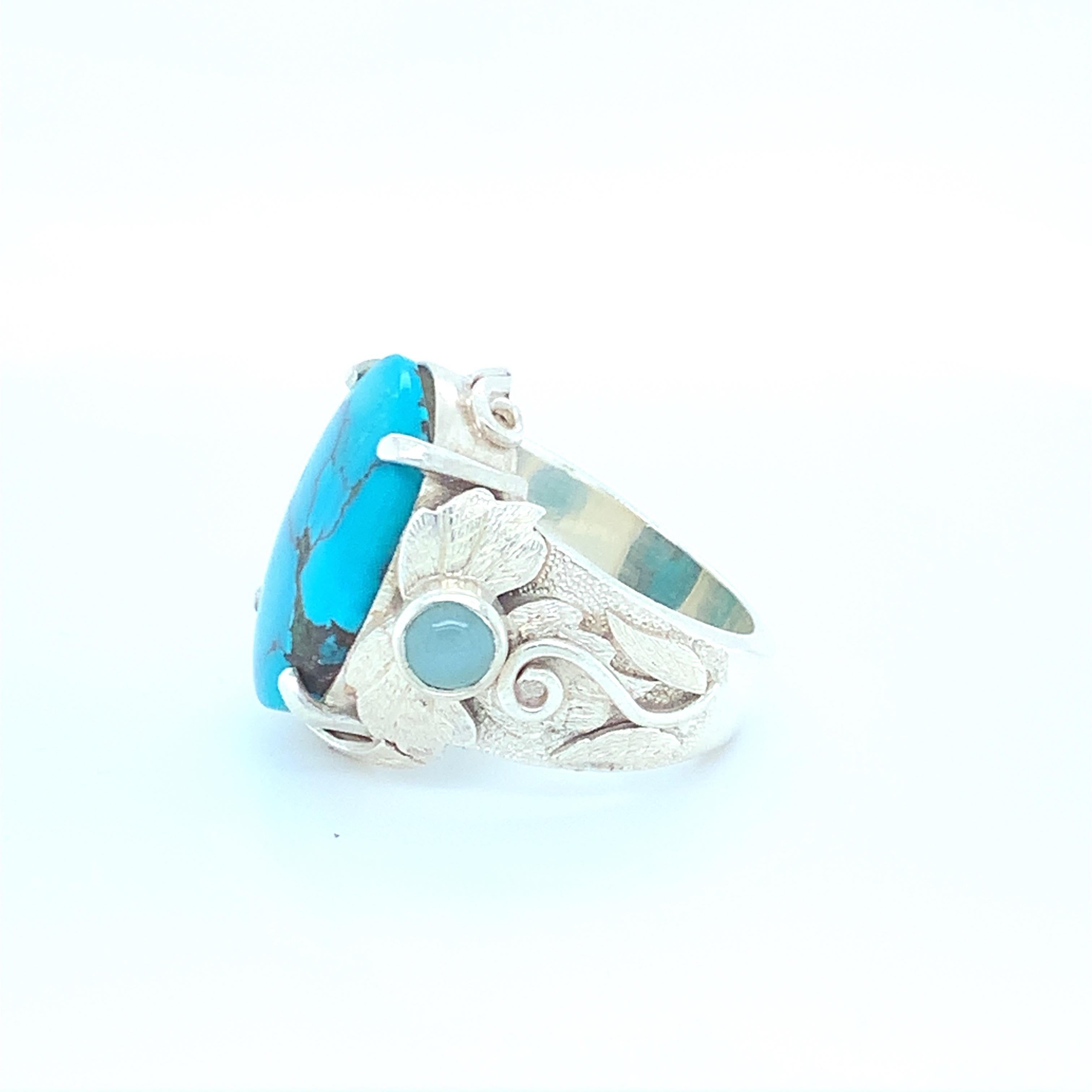 Oval Cut Handcrafted Natural Turquoise One of a Kind Sterling Cocktail Ring For Sale