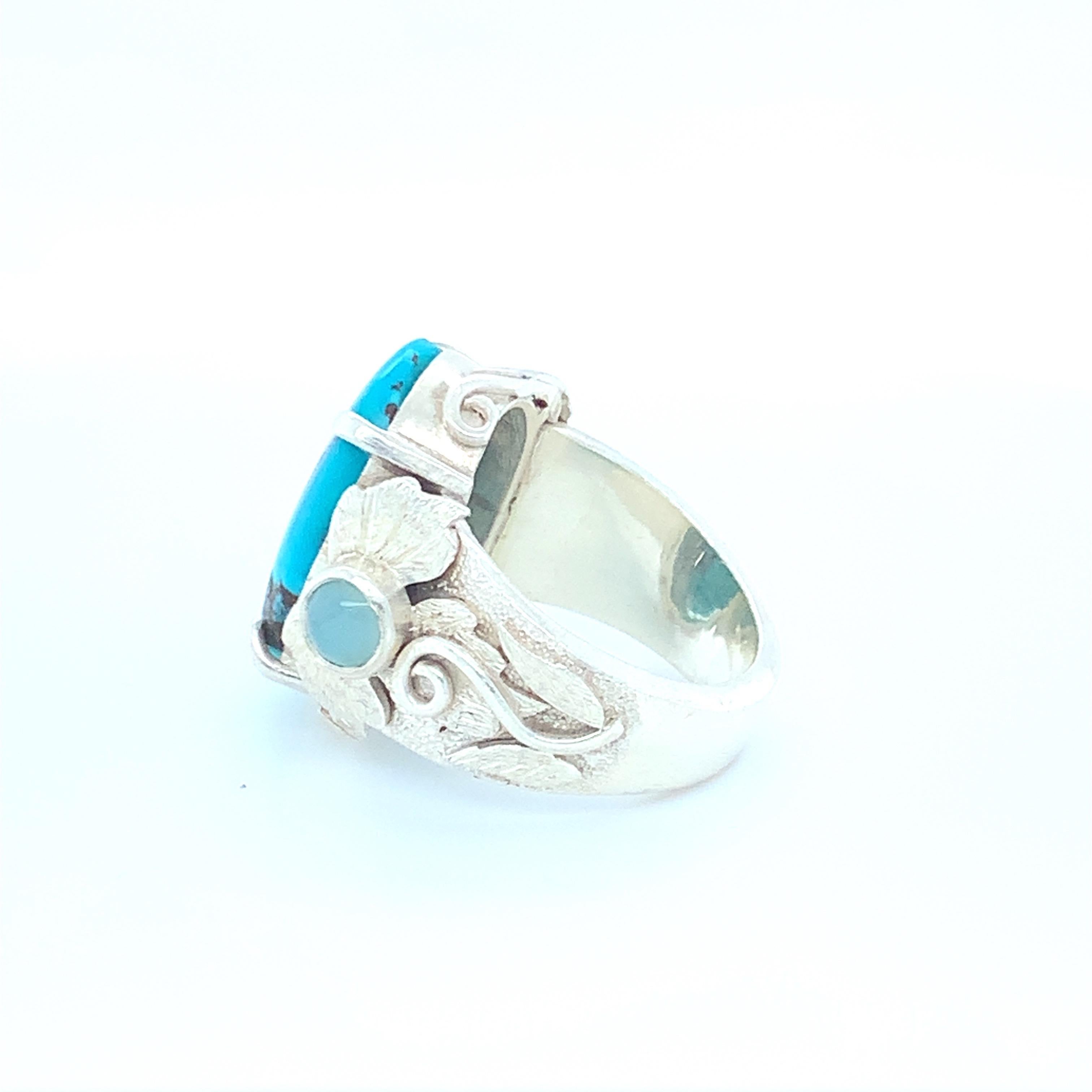Handcrafted Natural Turquoise One of a Kind Sterling Cocktail Ring In New Condition For Sale In Trumbull, CT